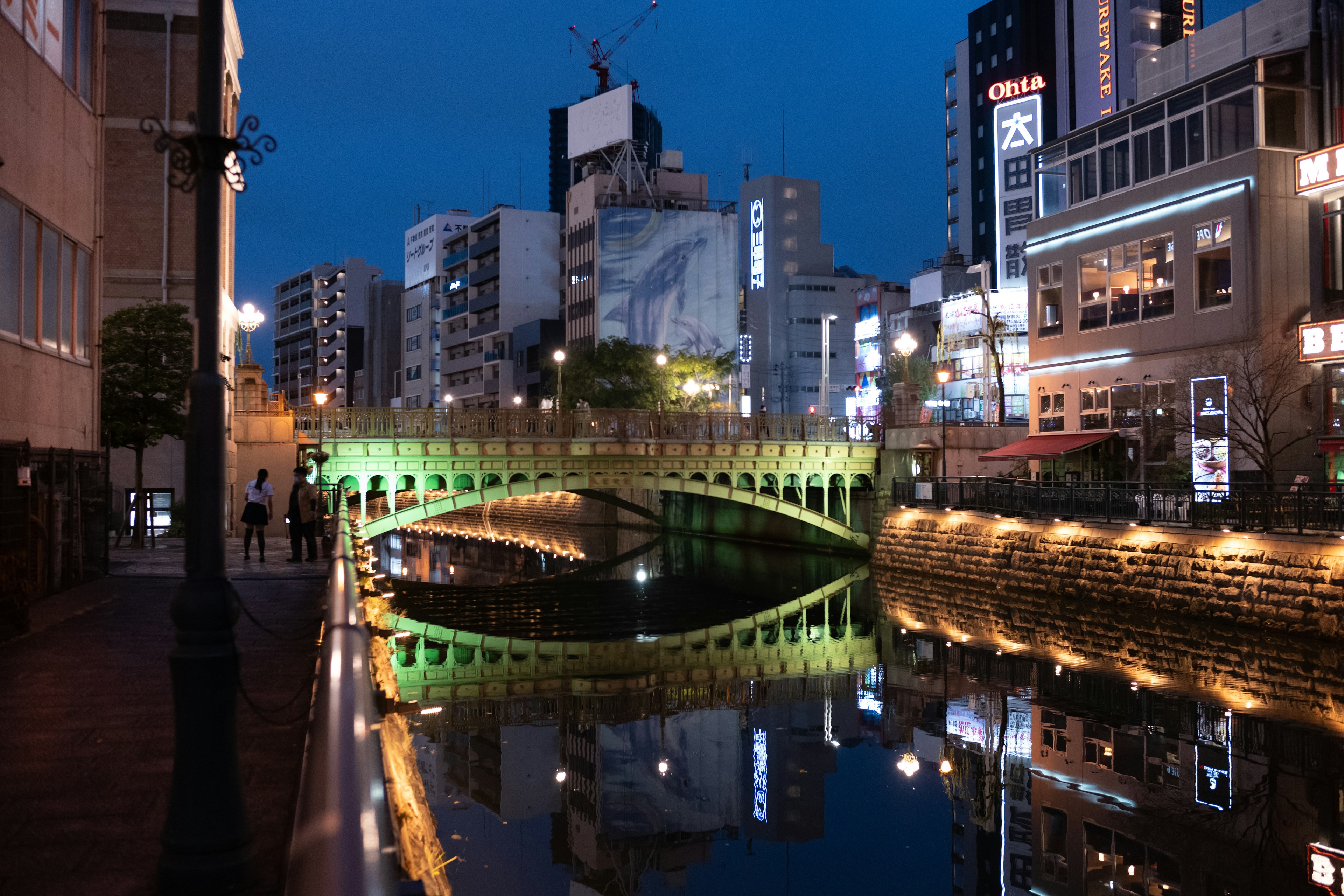 夜の街並みと緑の橋が映る川の景色