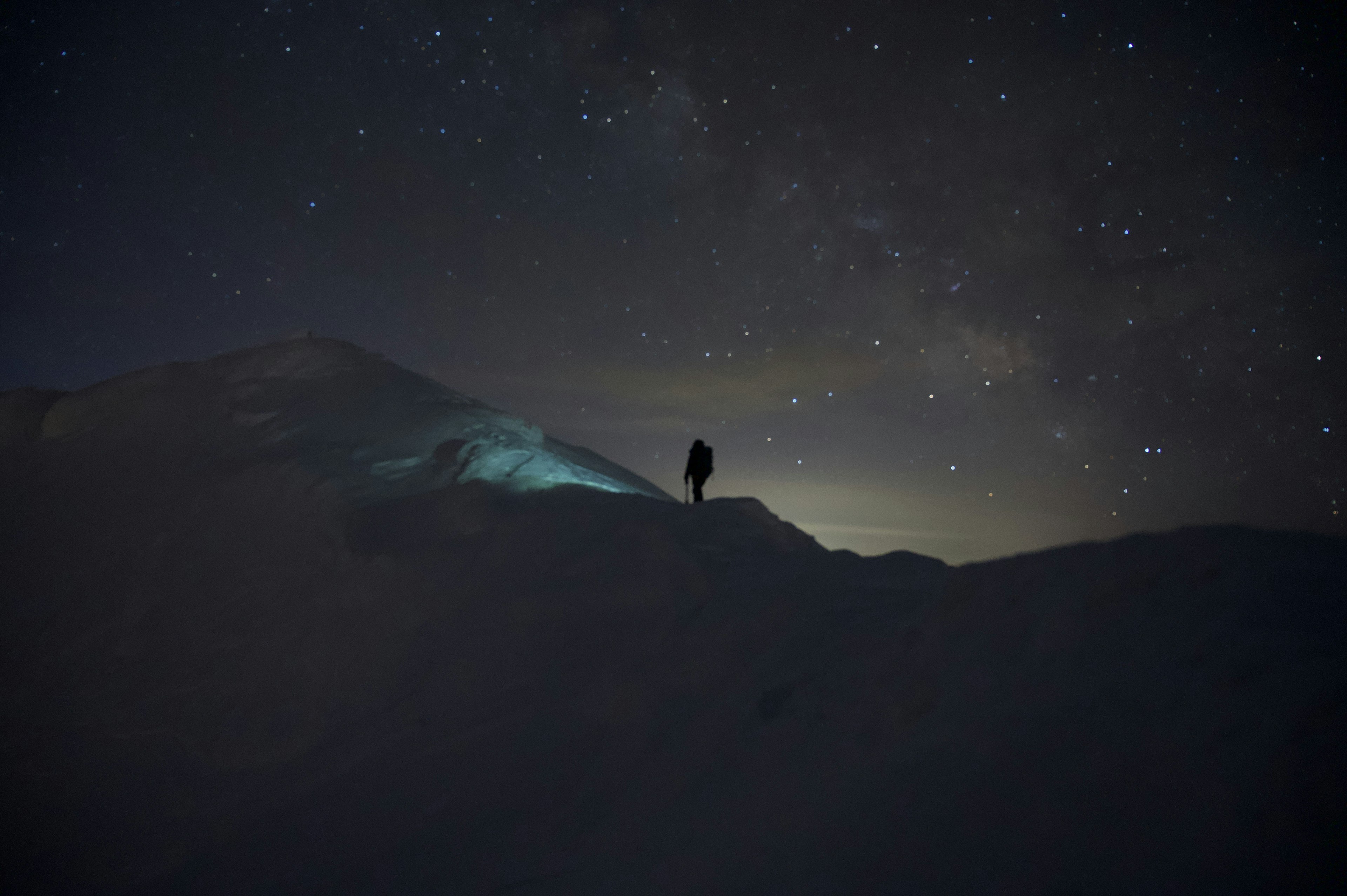 雪山の頂上に立つ人と星空の風景