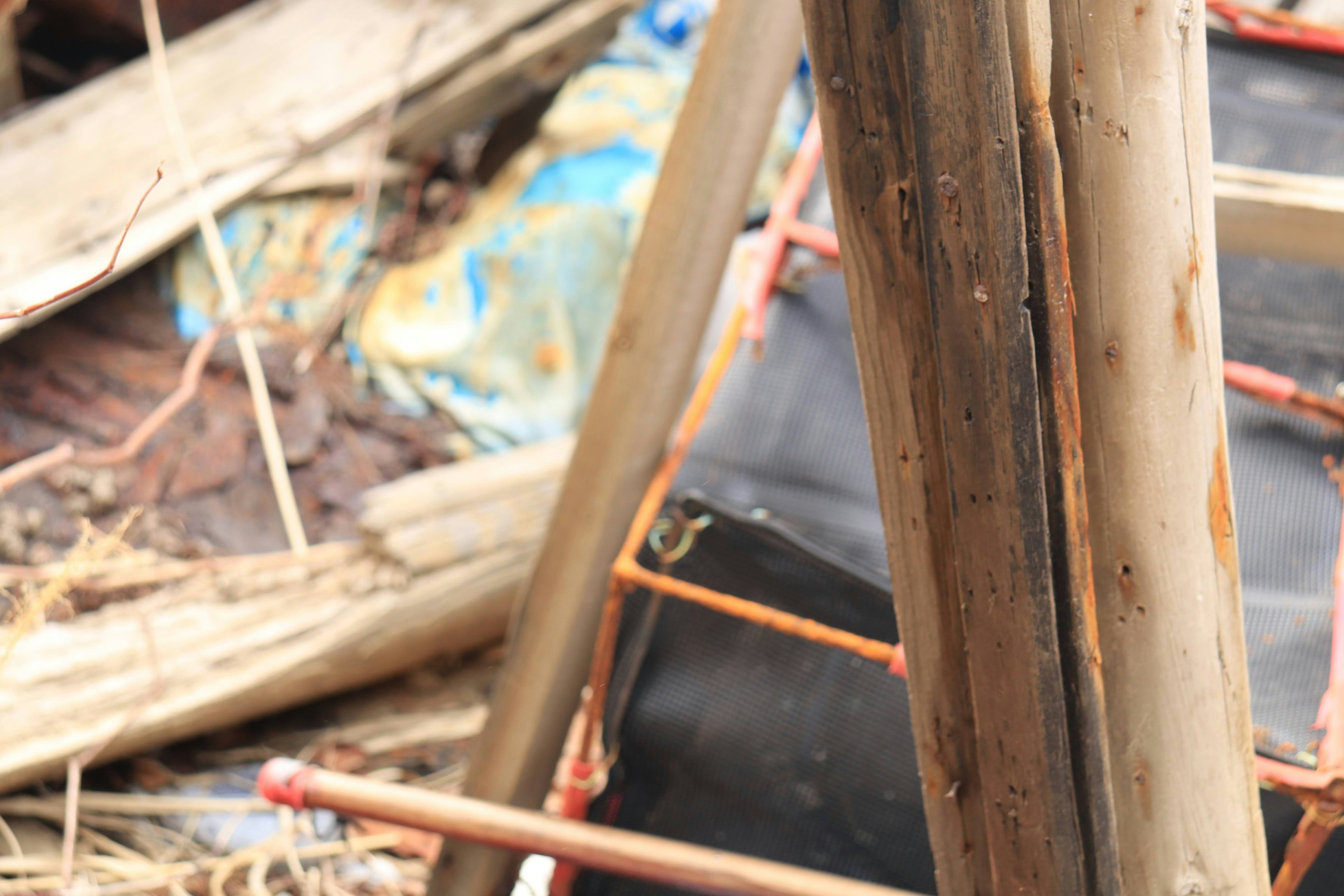 A scene featuring decaying wood and parts of a red metal frame