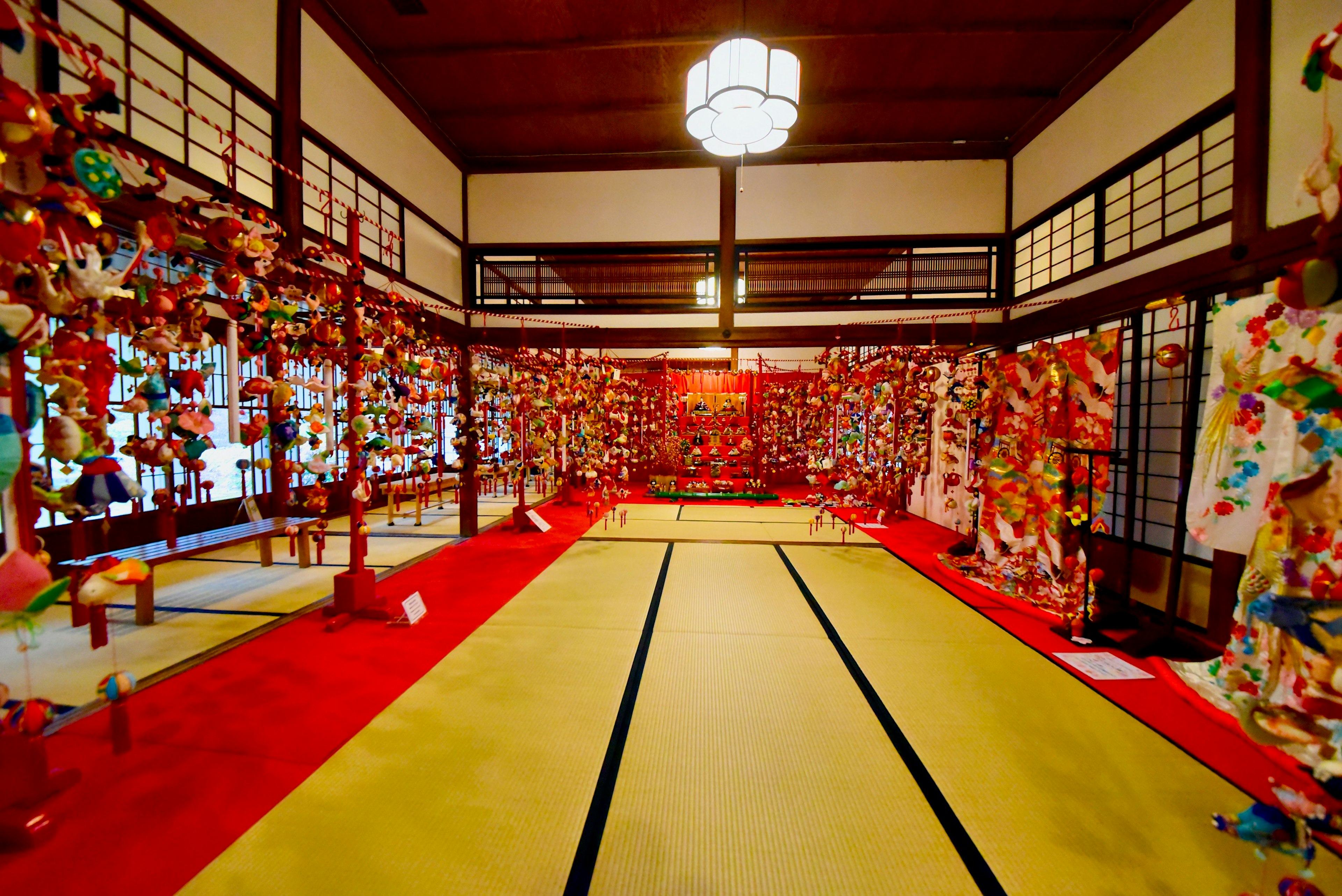 Traditional Japanese room adorned with colorful decorations