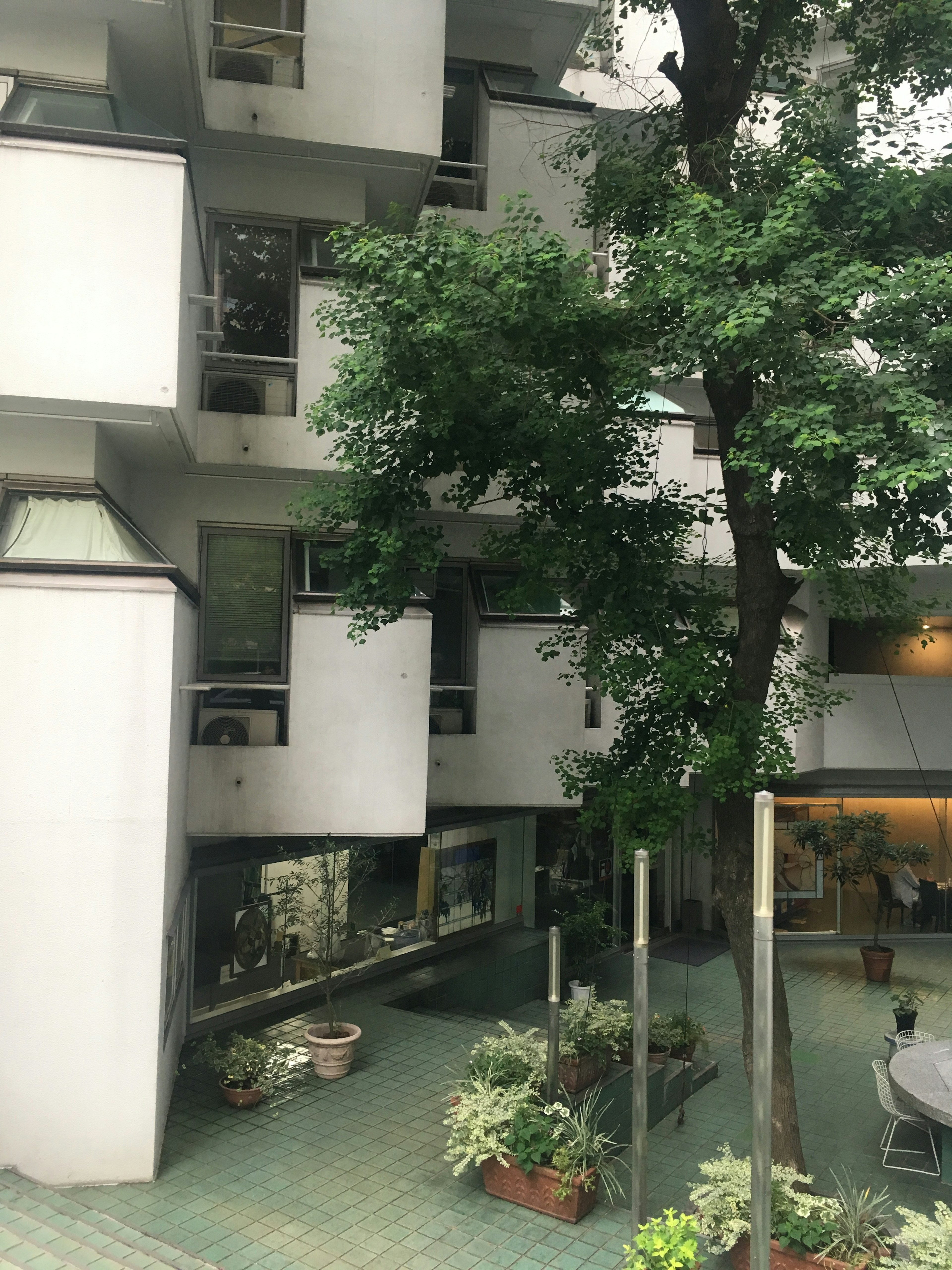 View of a white building with green trees in a courtyard