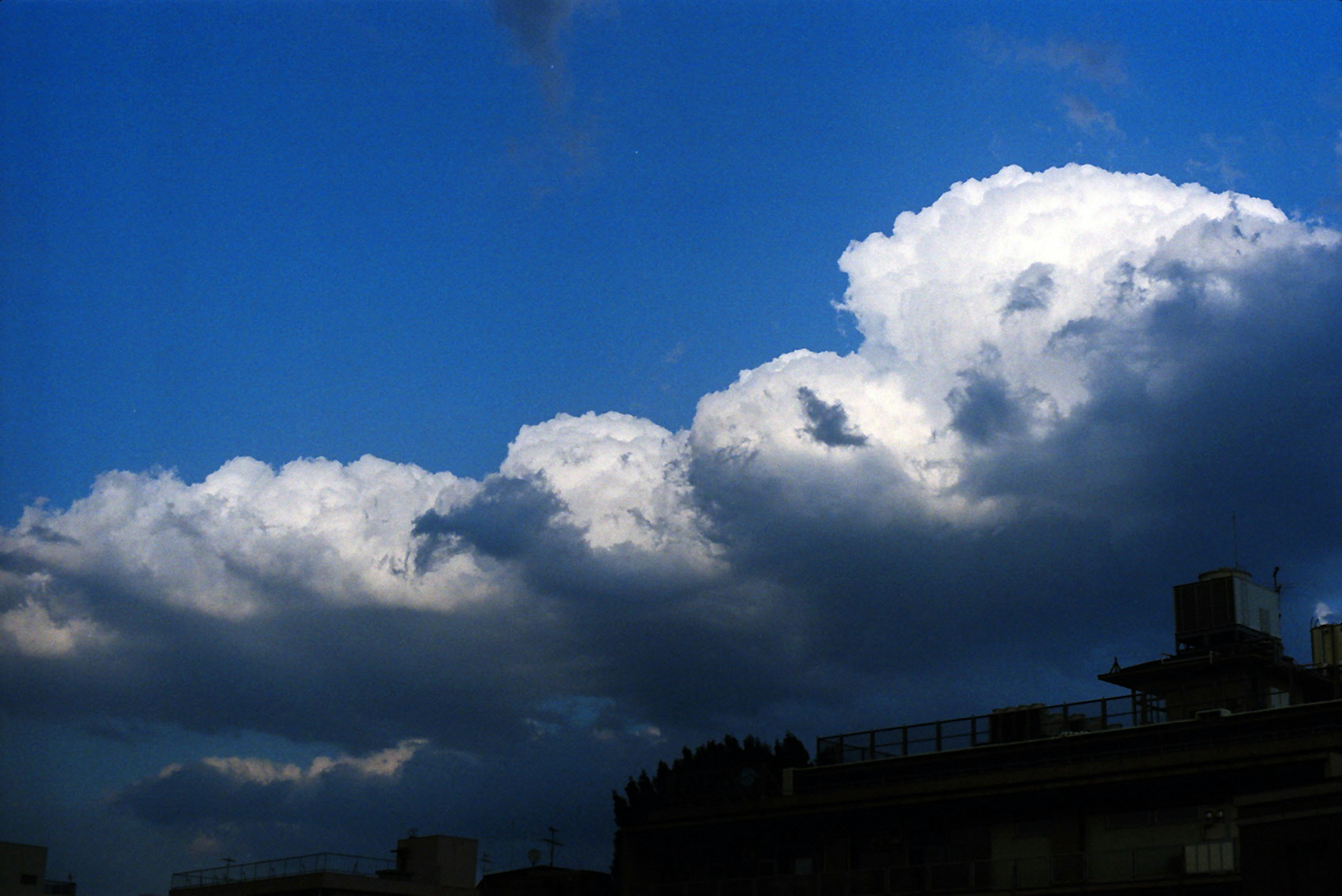 Contraste des nuages blancs et noirs contre un ciel bleu