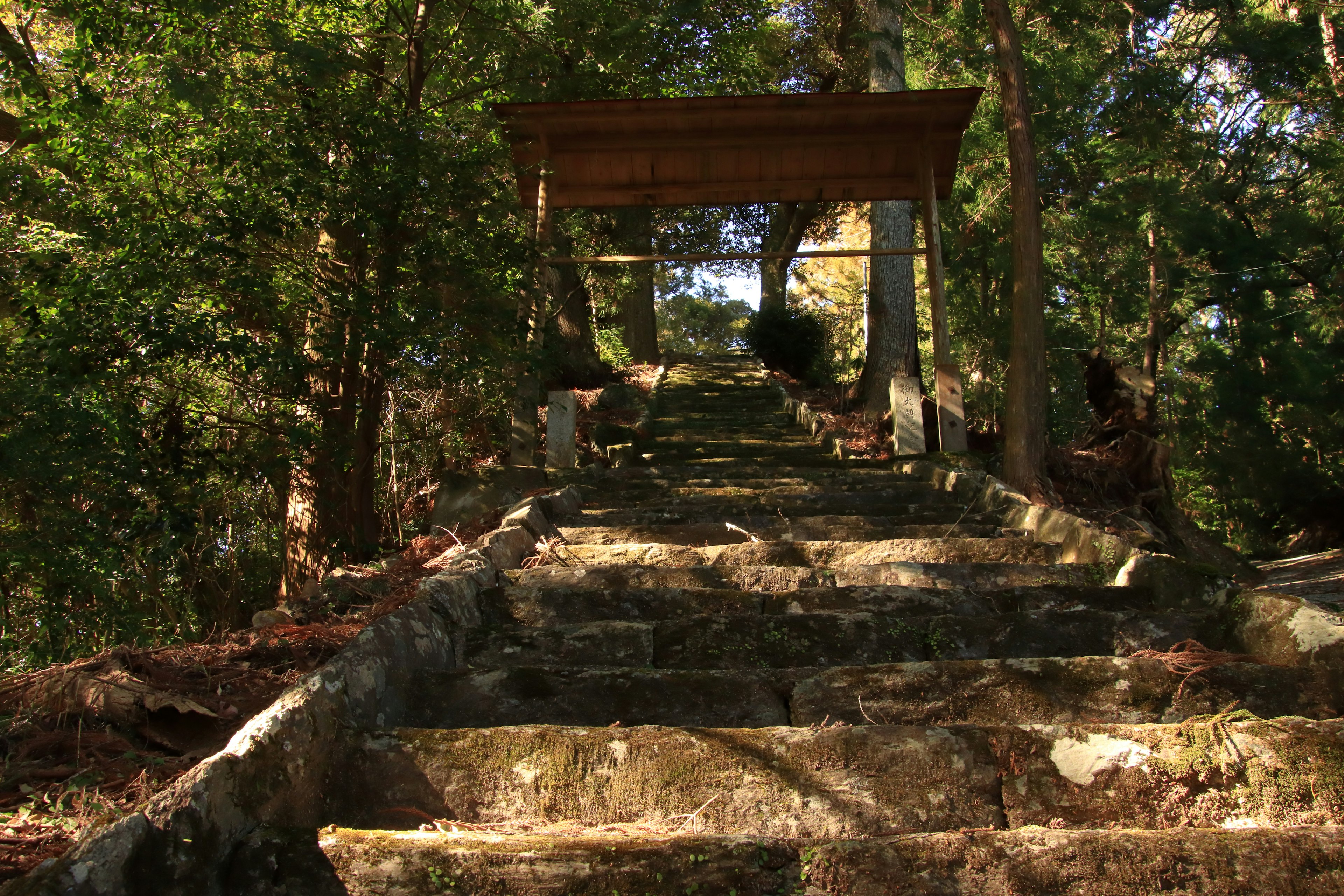 Escaleras de piedra que llevan a la entrada de un santuario en el bosque