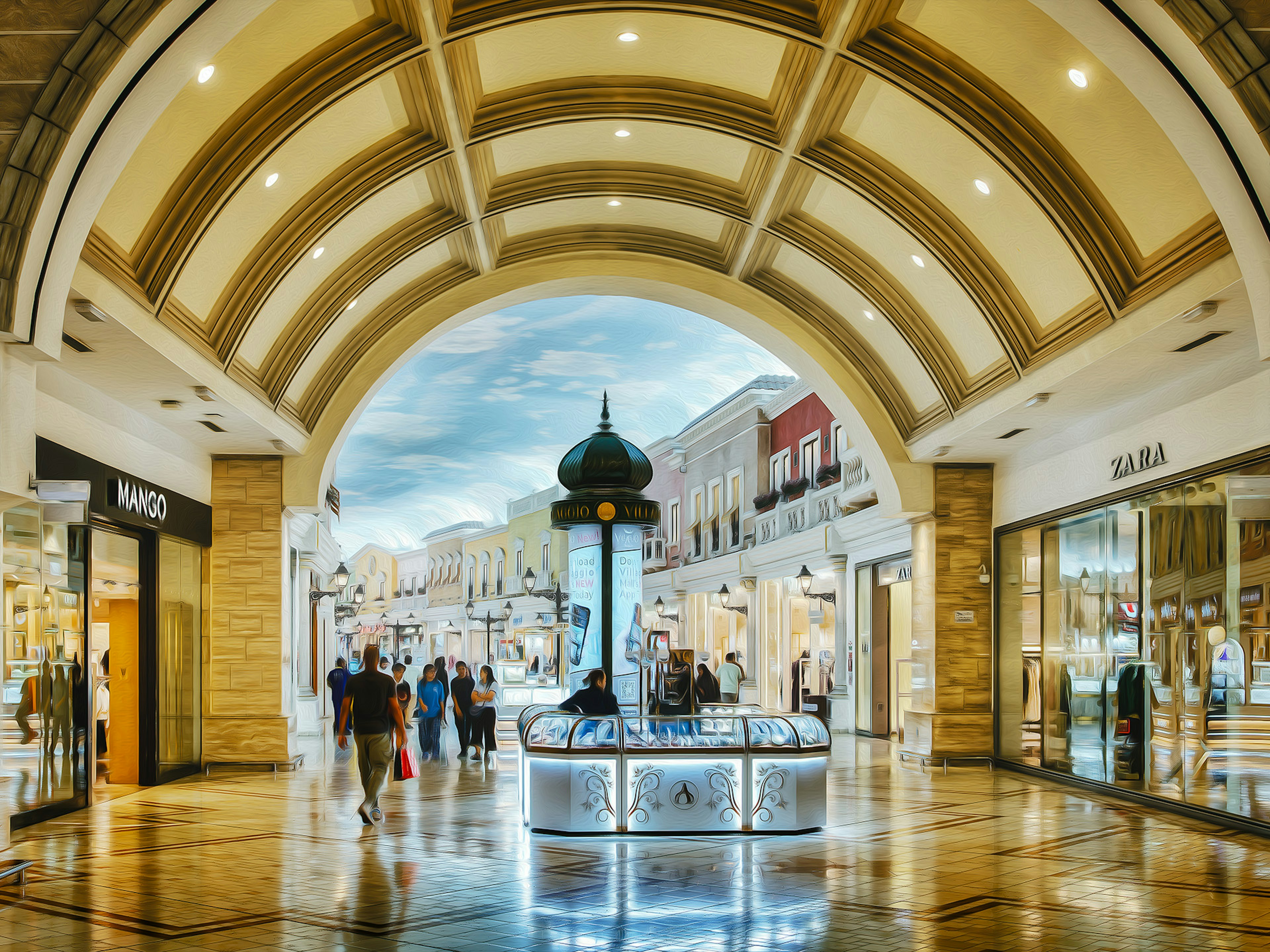 Luxuriöse Innenansicht einer Arkade mit Brunnen und Geschäften