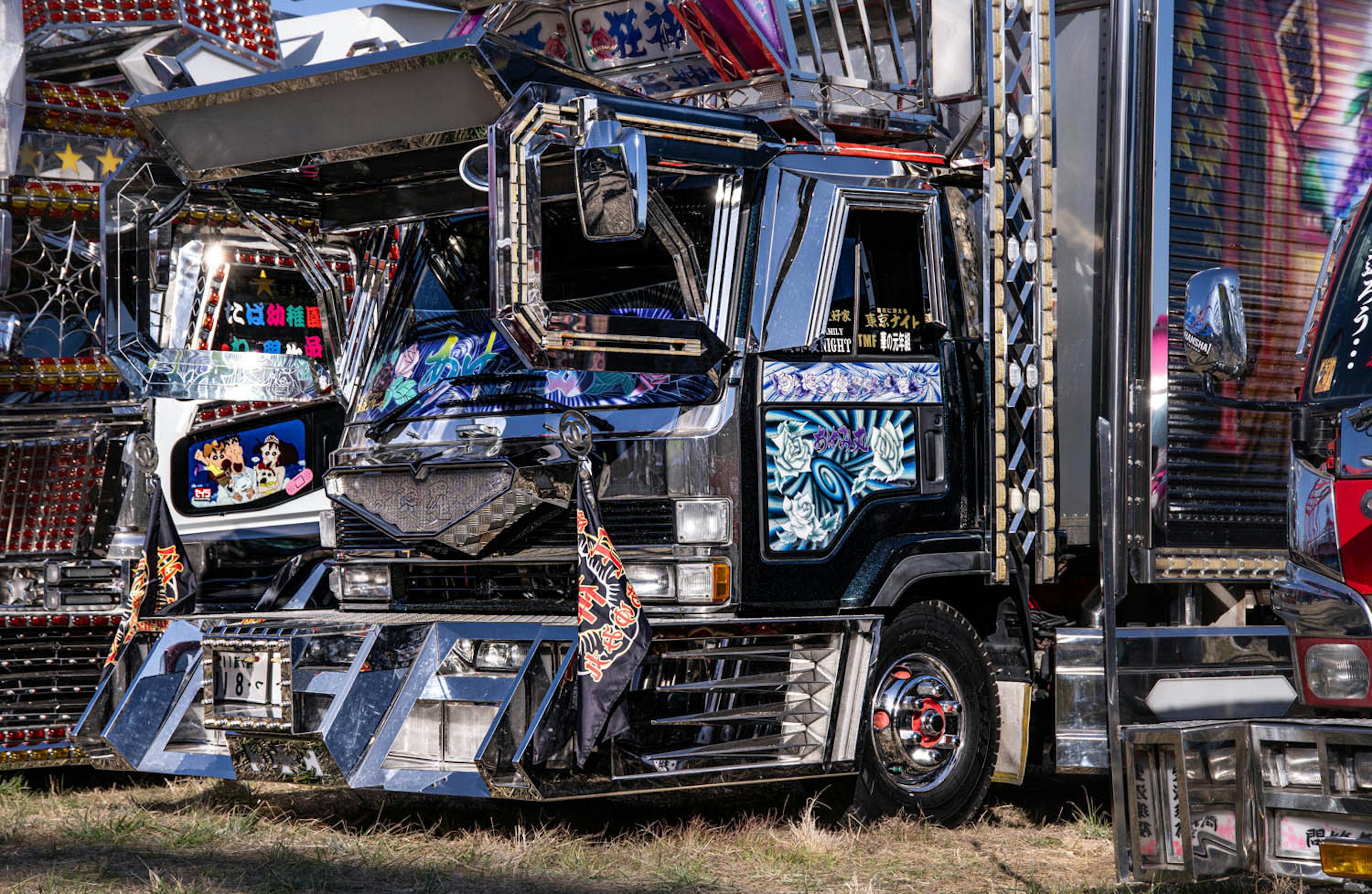 Decorative truck featuring colorful designs and intricate details