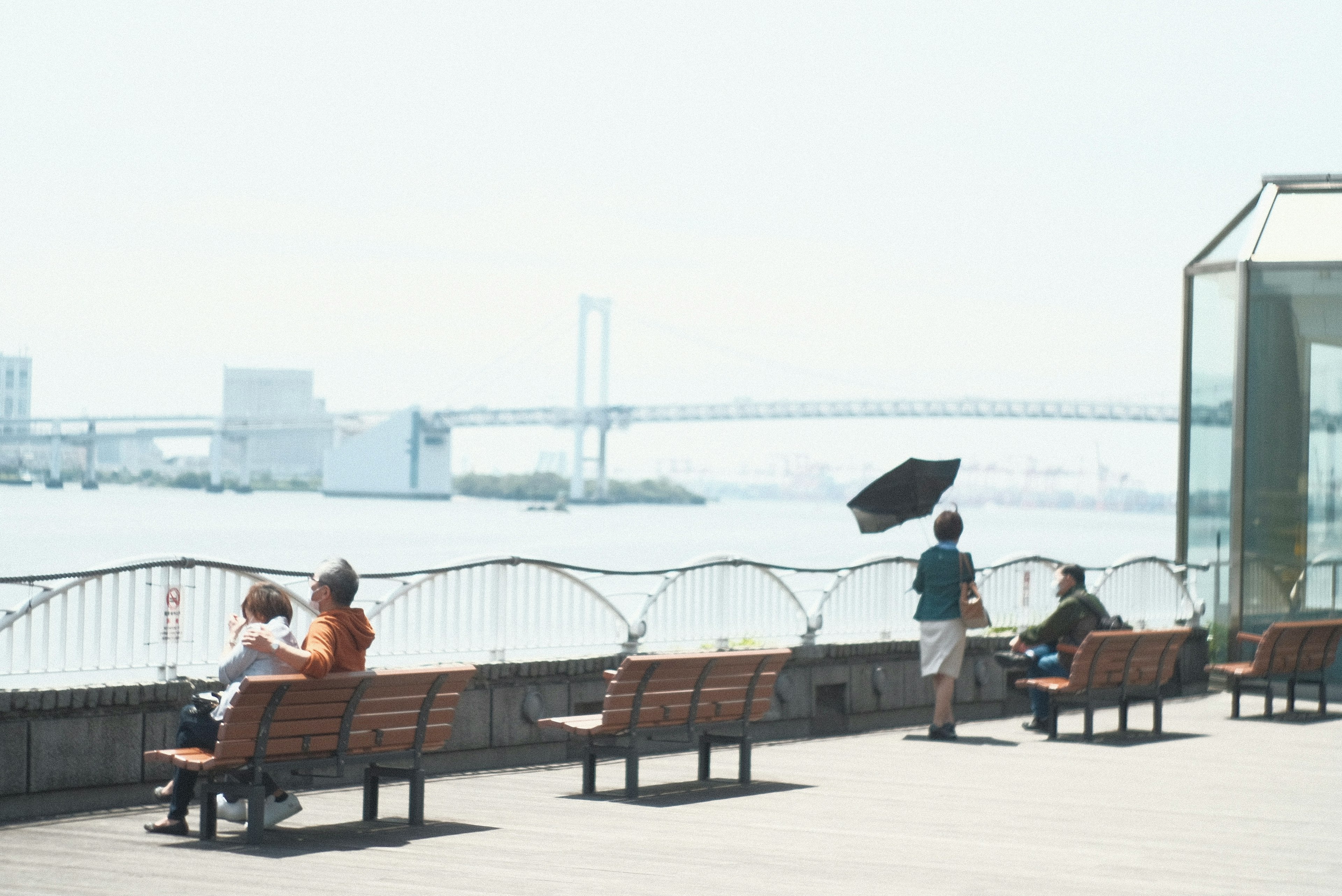 海辺のベンチに座る人々と橋が見える風景