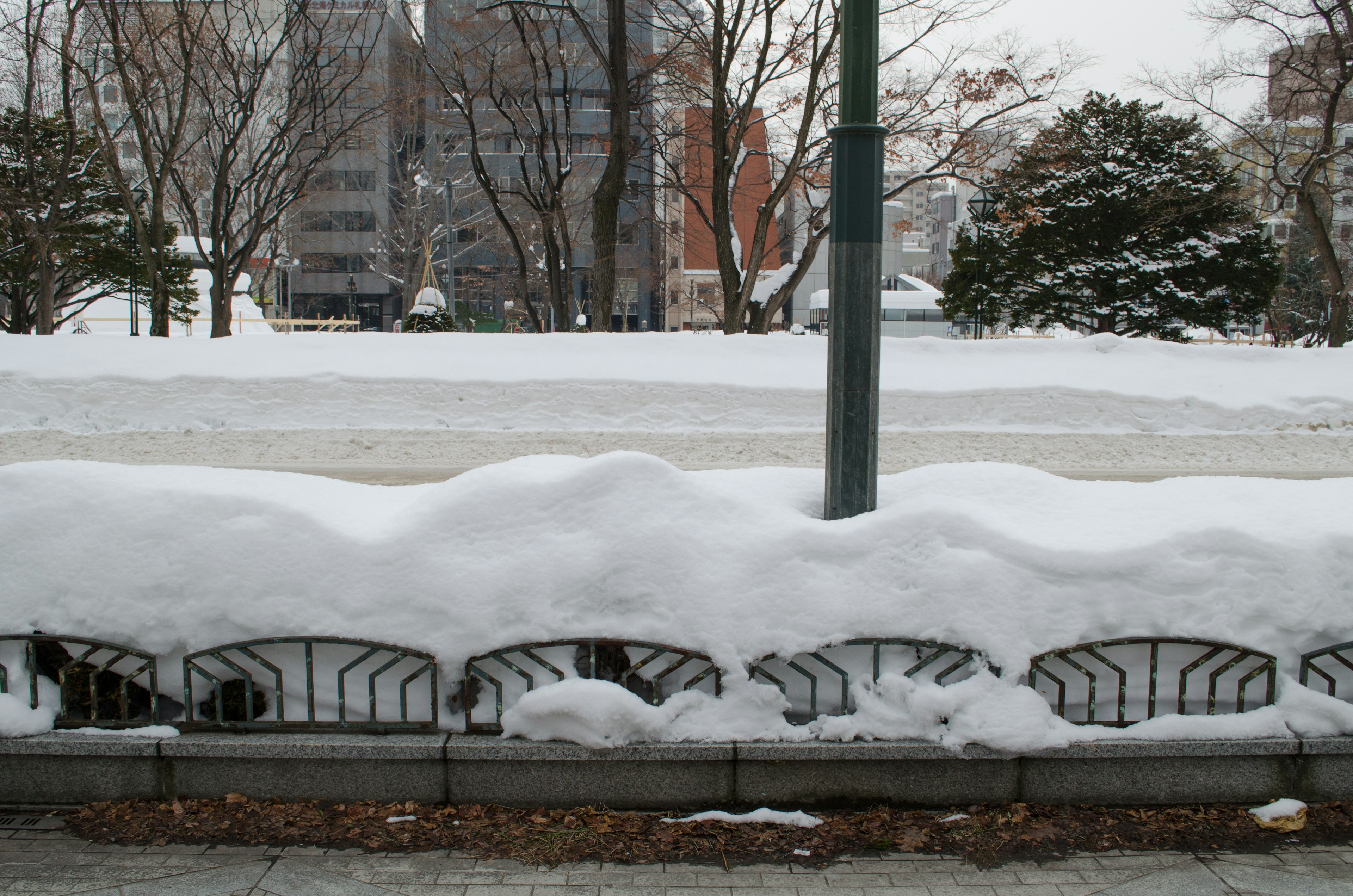 Cerca de parque cubierta de nieve con fondo urbano