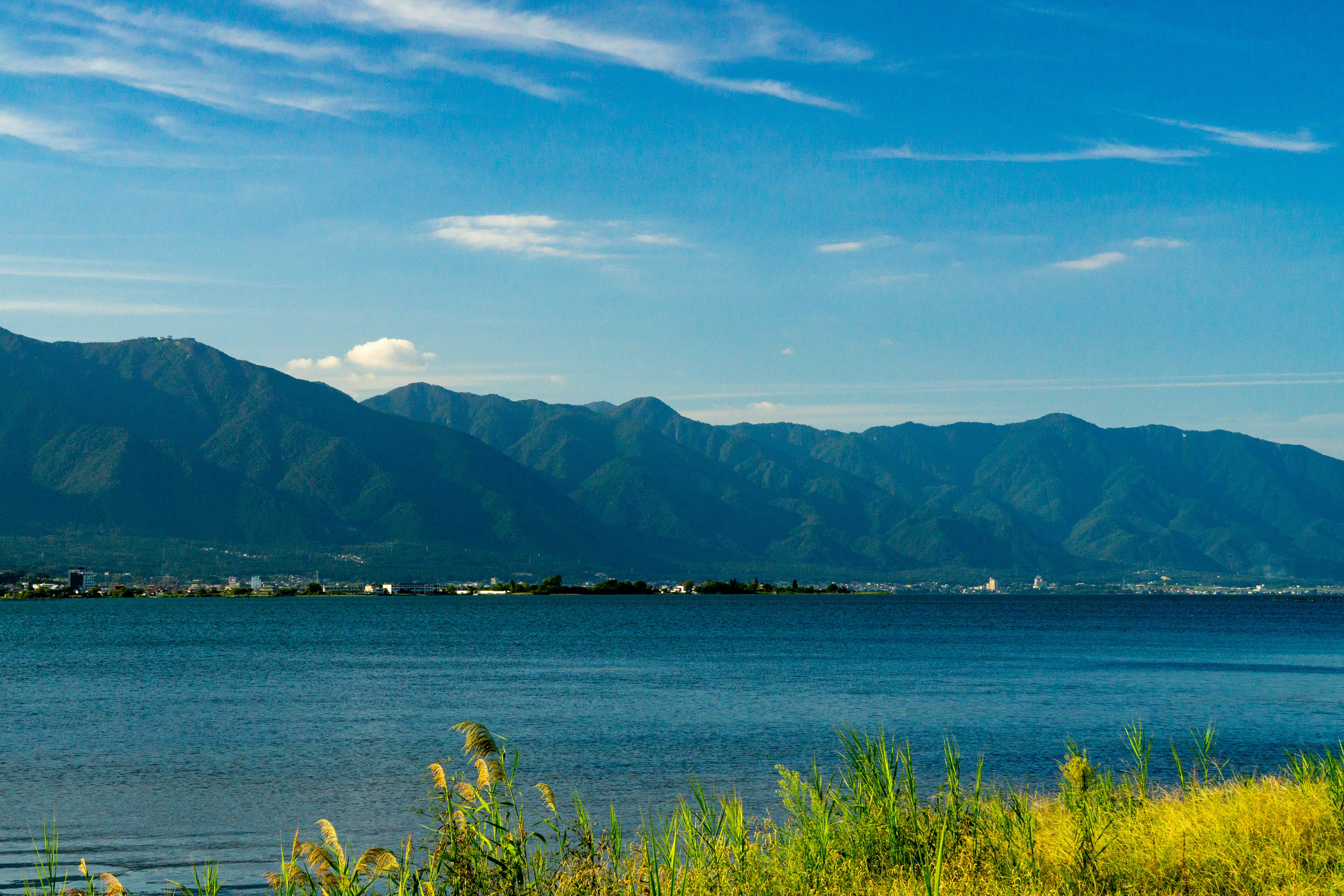 青い空と緑の草原が広がる湖の風景 背景には山が連なる