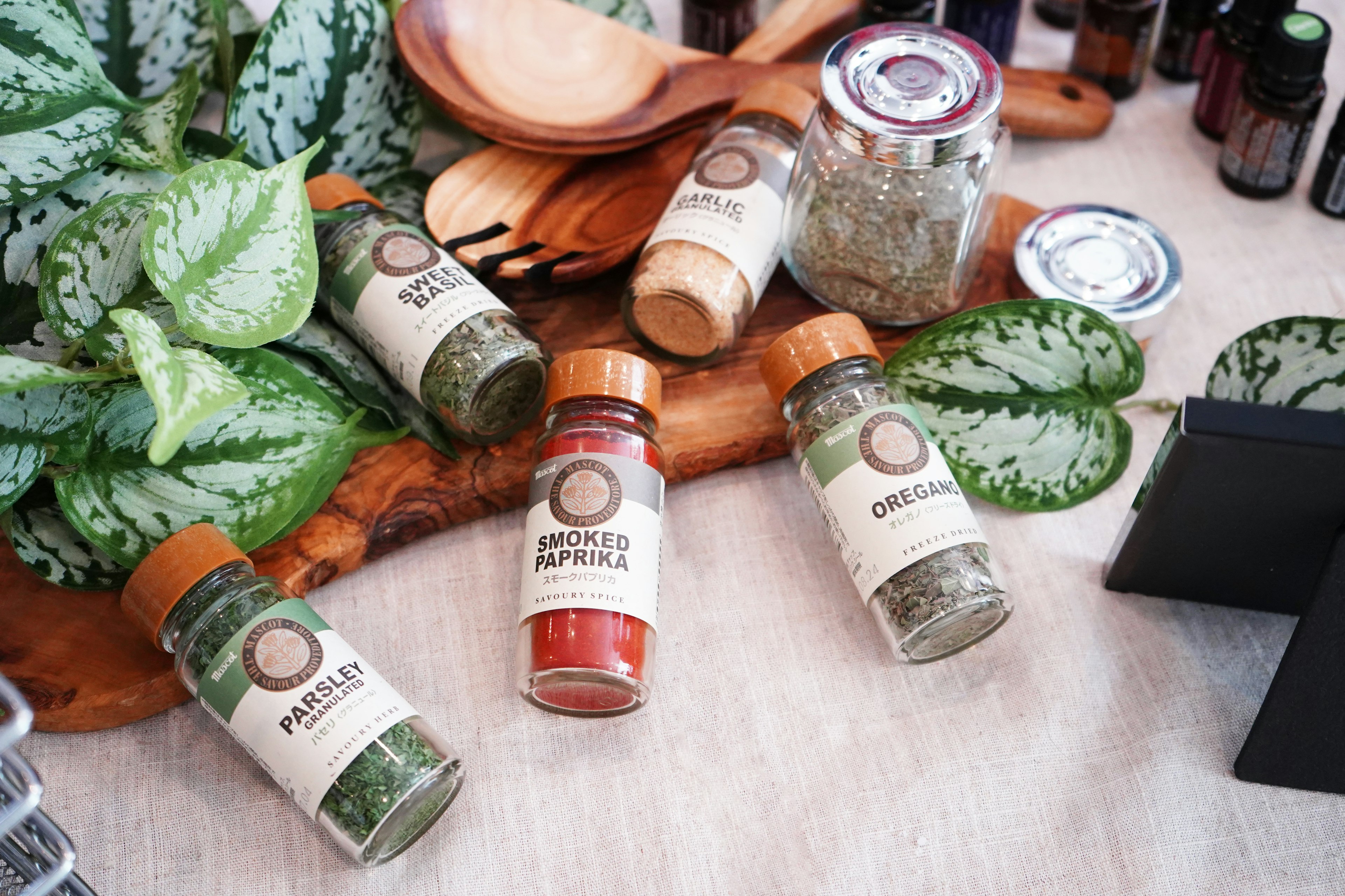 Arrangement of spice jars and green plants on a table