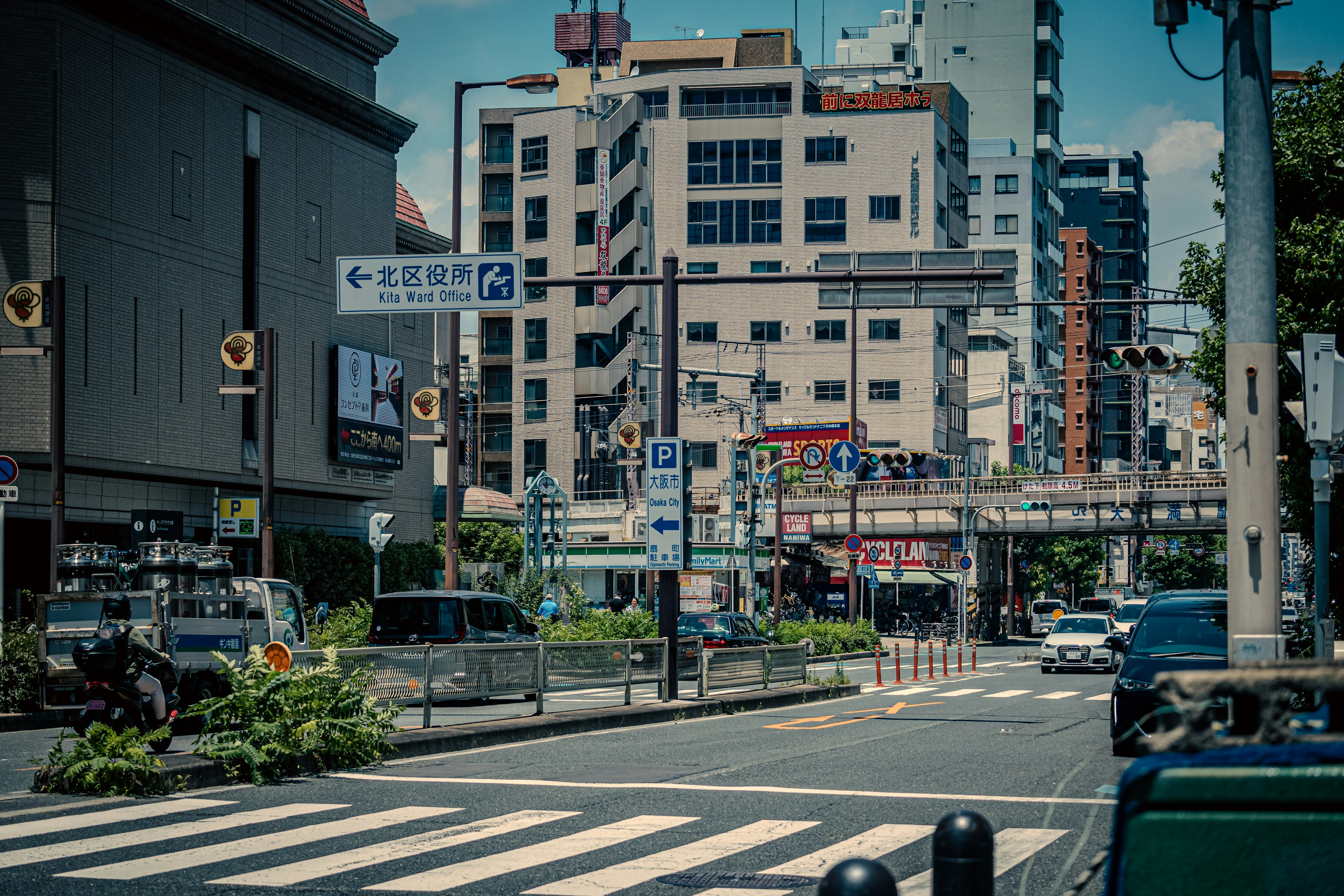 City intersection with buildings and a street view