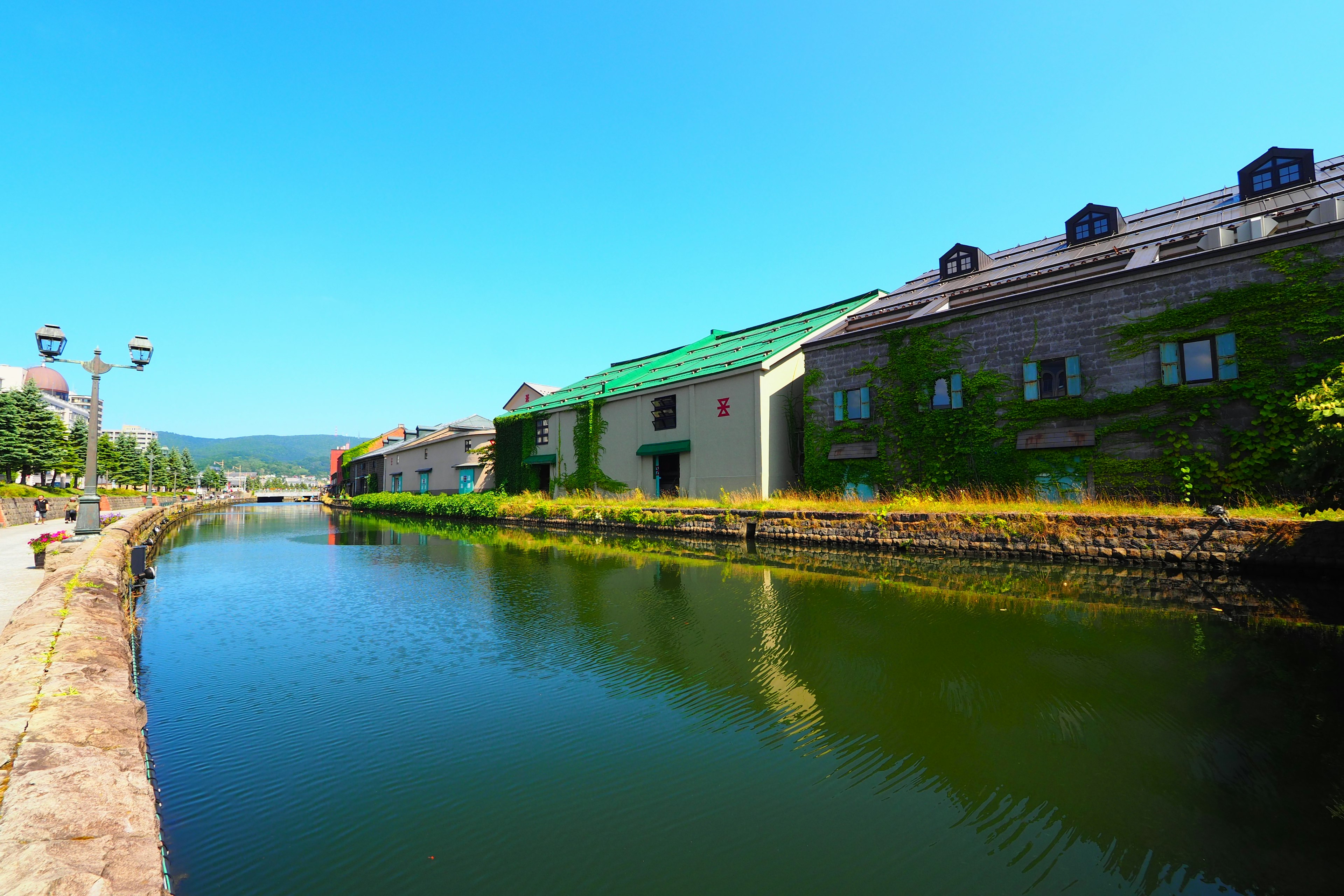 緑の屋根の建物と静かな川の風景