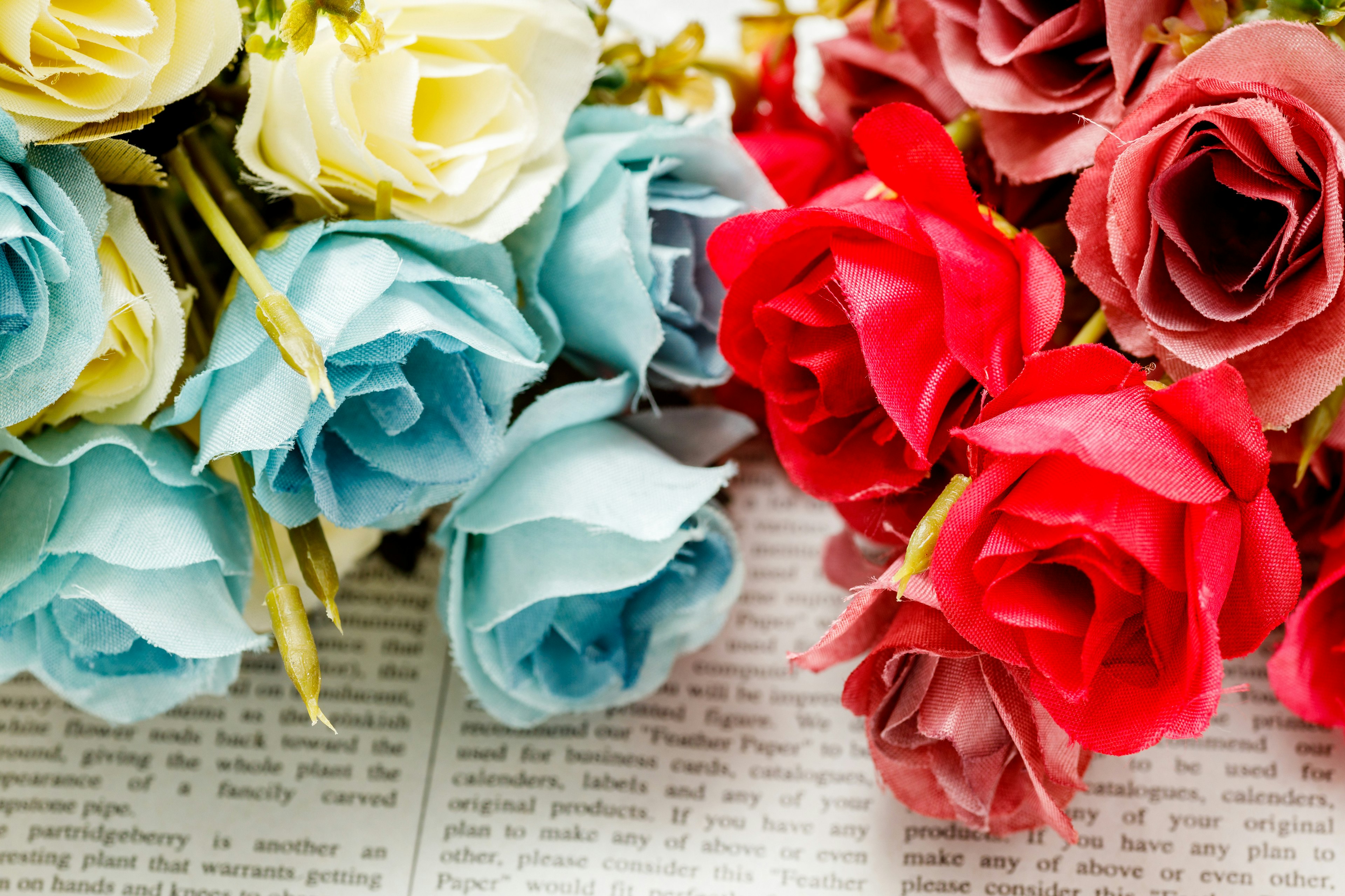 Bouquets of blue and red roses placed on newspaper