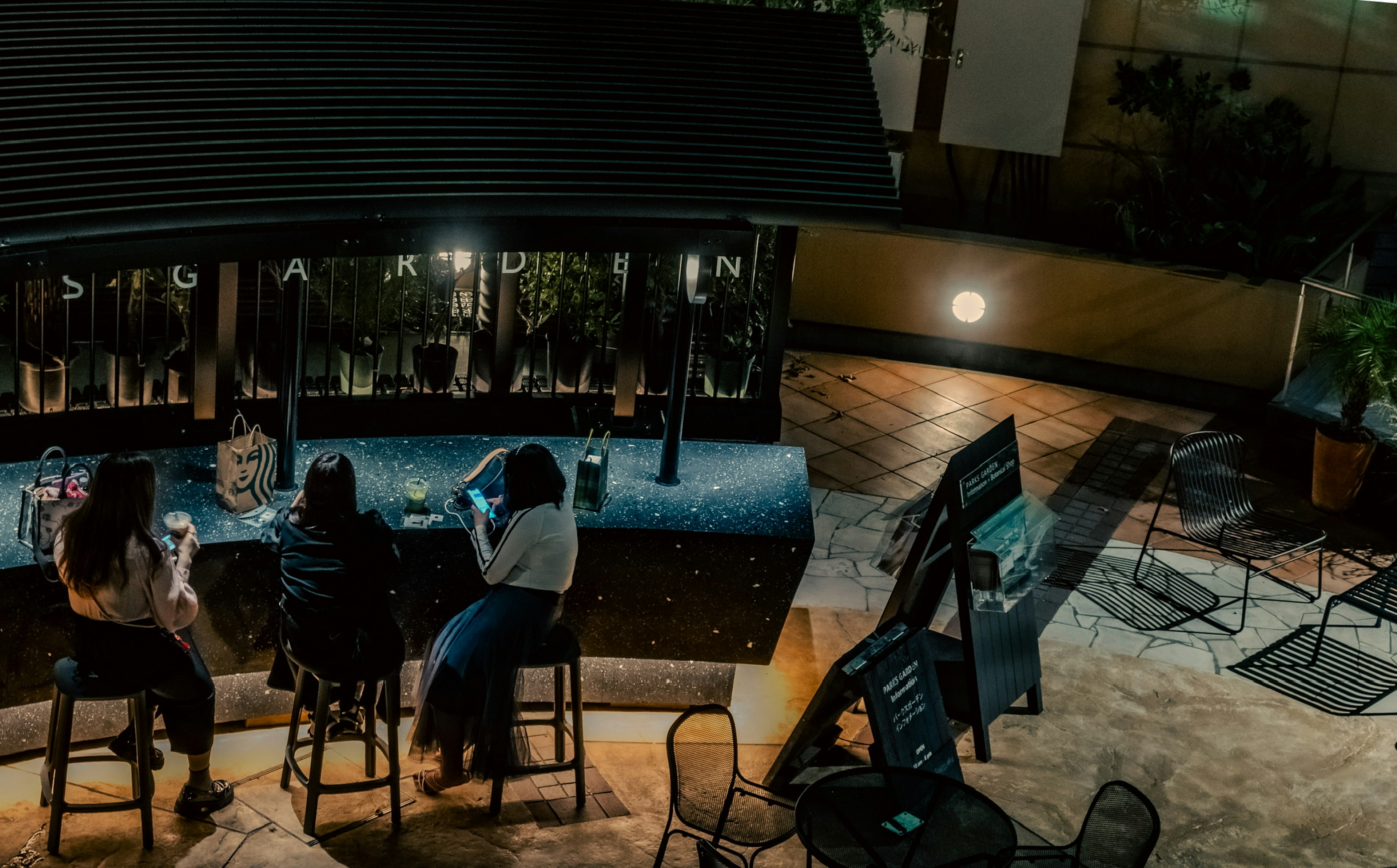 People sitting at a bar counter in a night setting