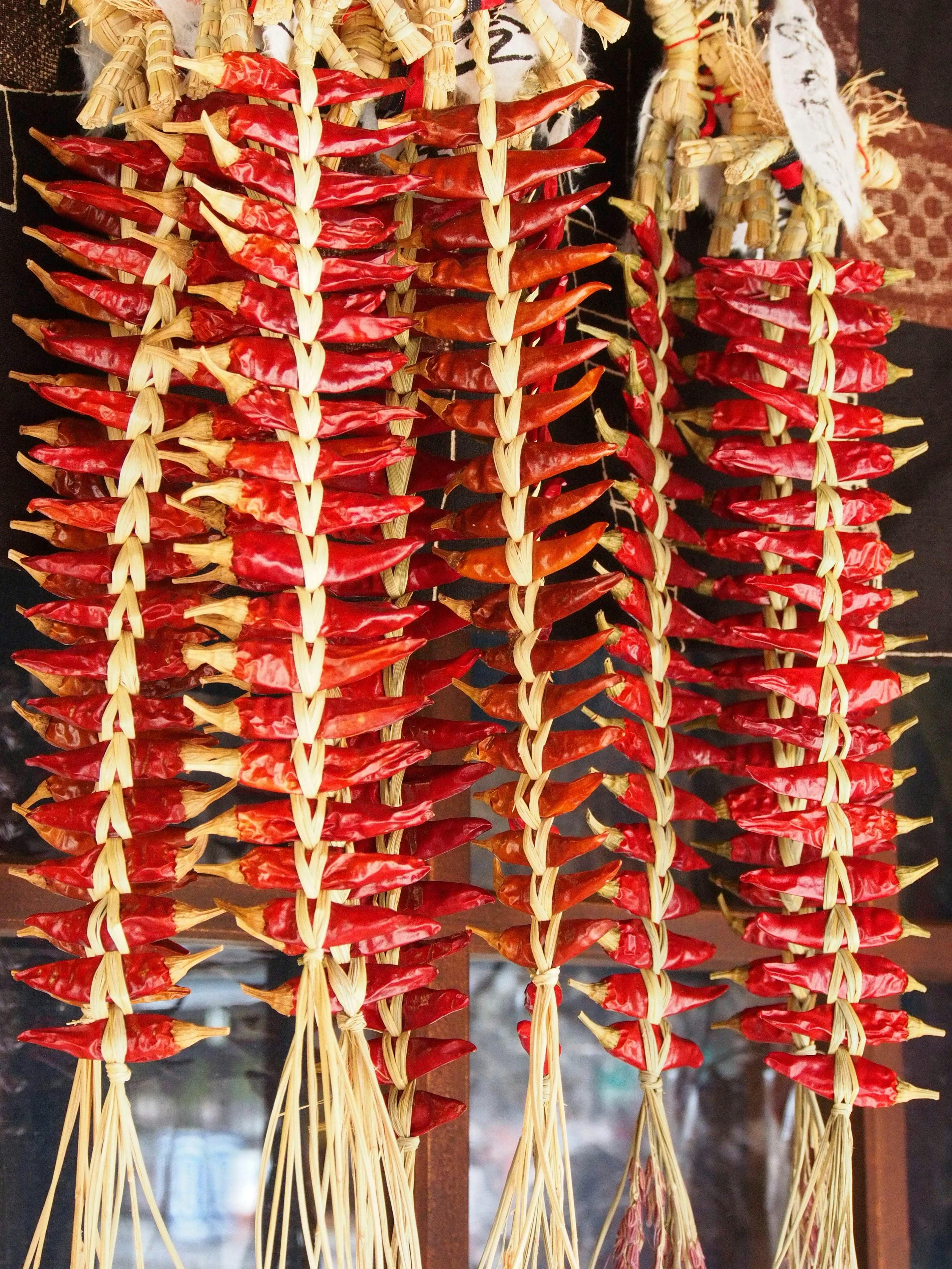 Piments rouges suspendus et tressés ensemble