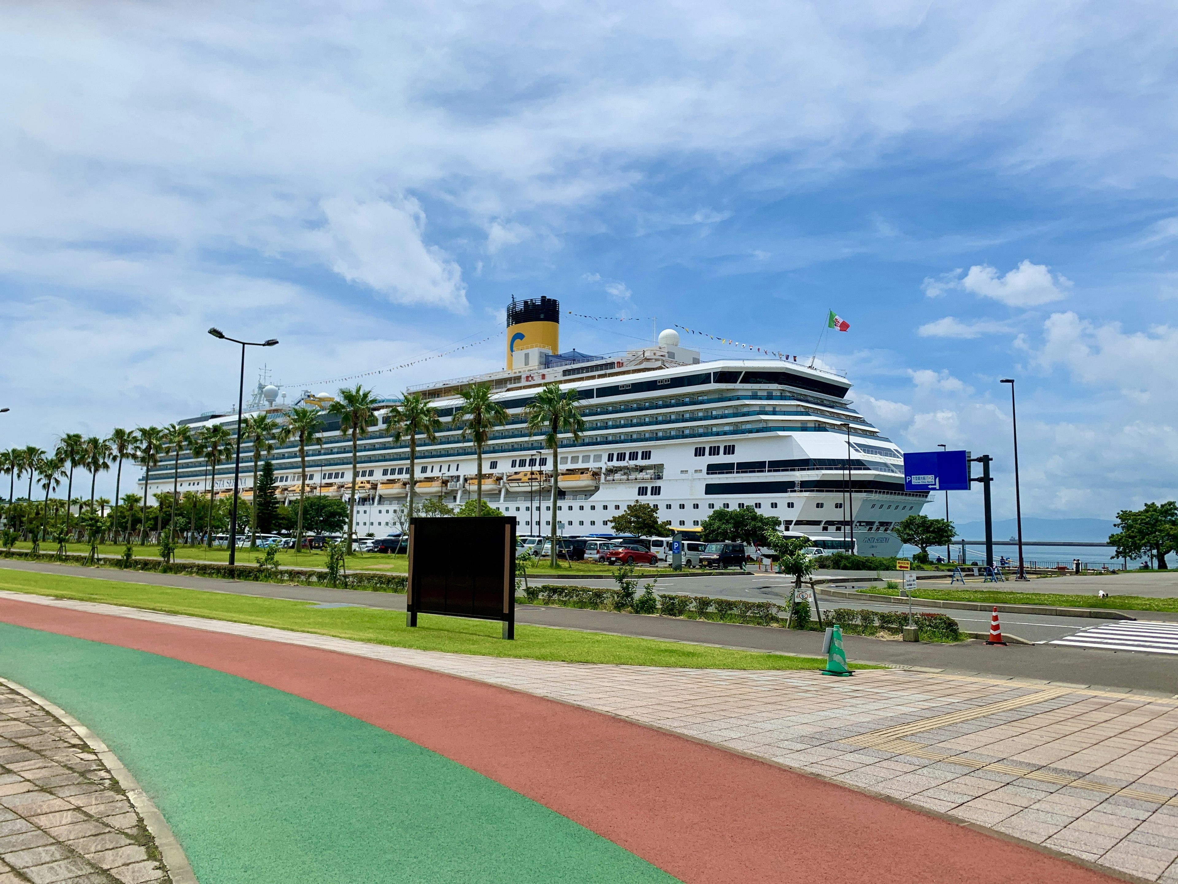 Großes Kreuzfahrtschiff umgeben von blauem Himmel und grünem Park