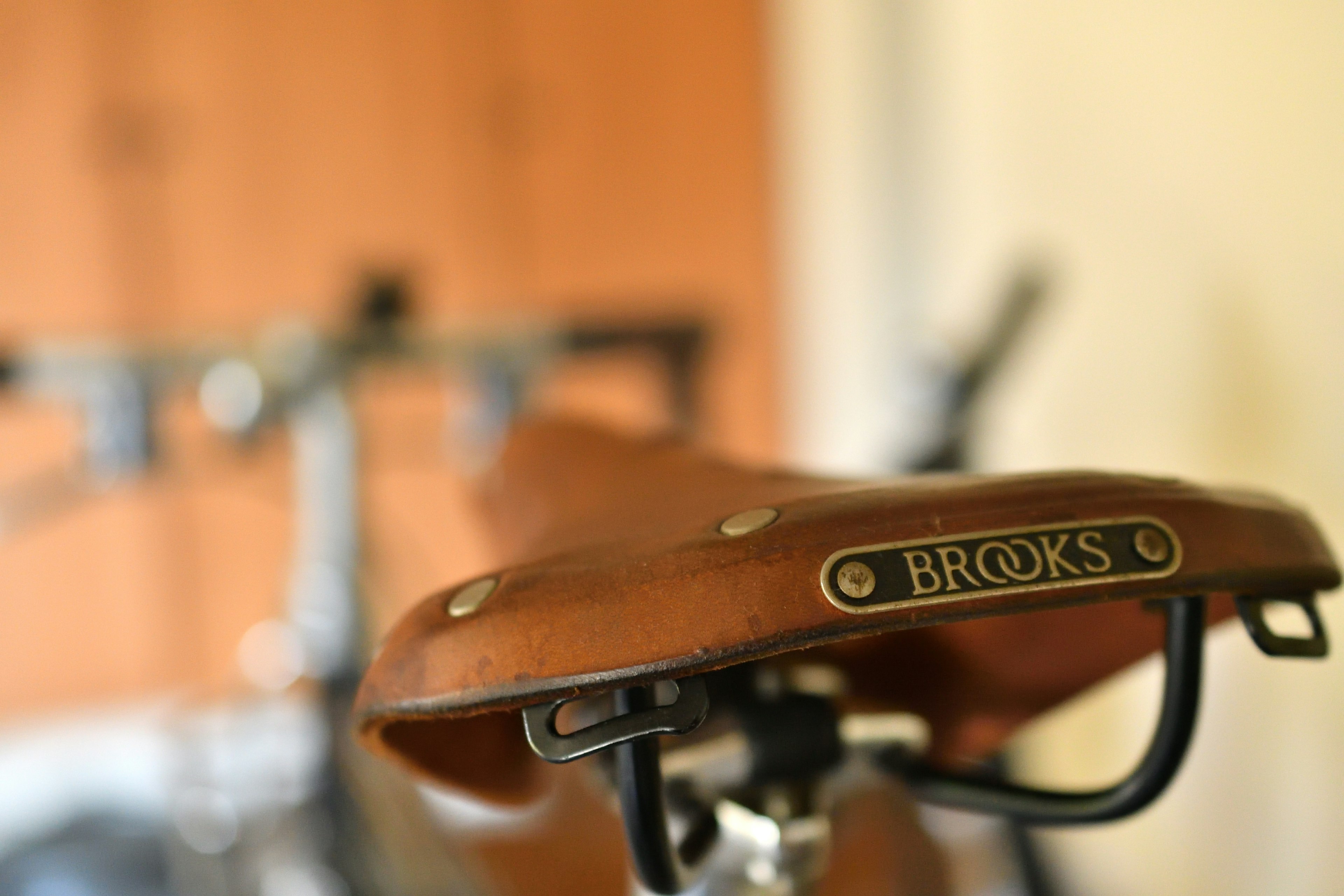 Close-up of a Brooks leather bicycle saddle