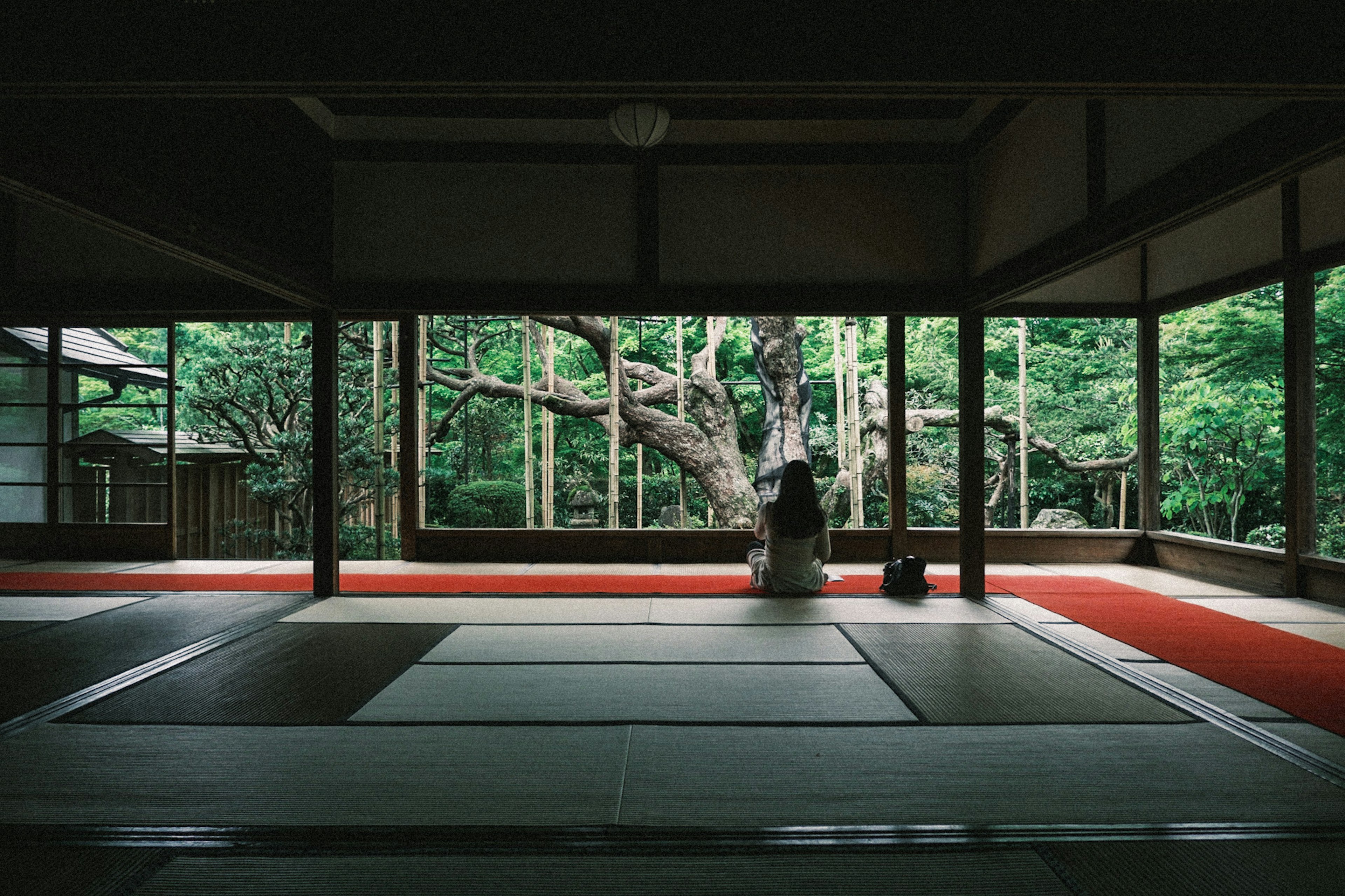 Intérieur d'une pièce japonaise traditionnelle avec des tatamis et une vue sur un jardin verdoyant