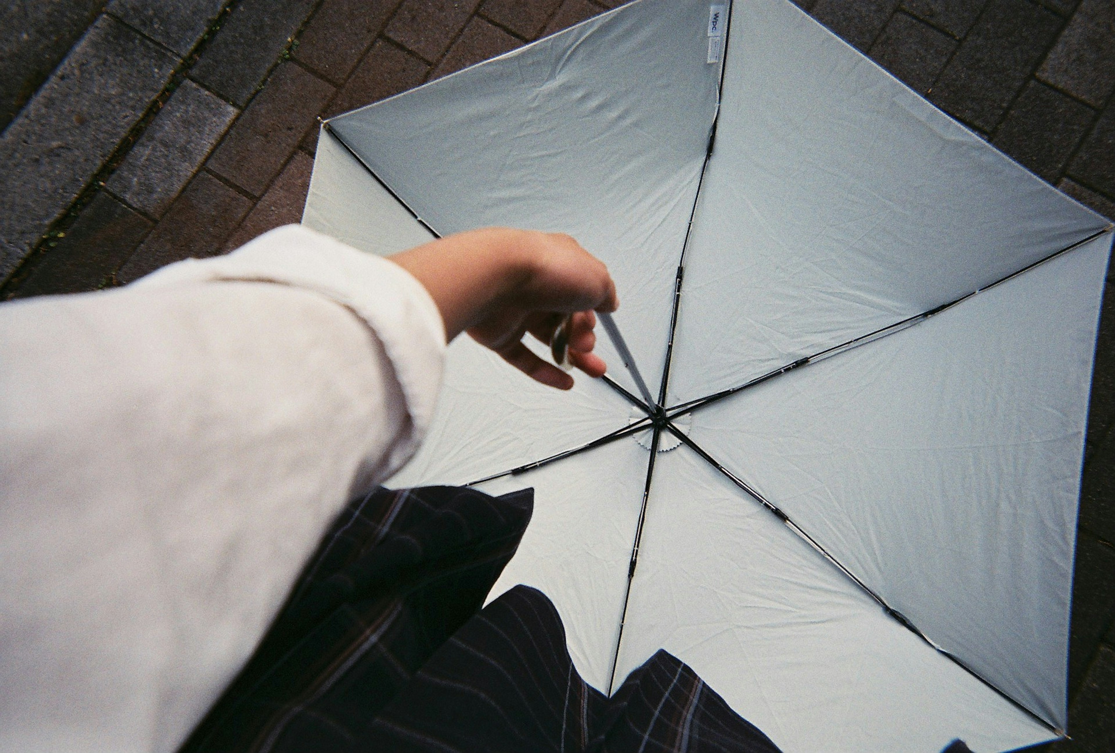 從上方握住白色雨傘把手的手