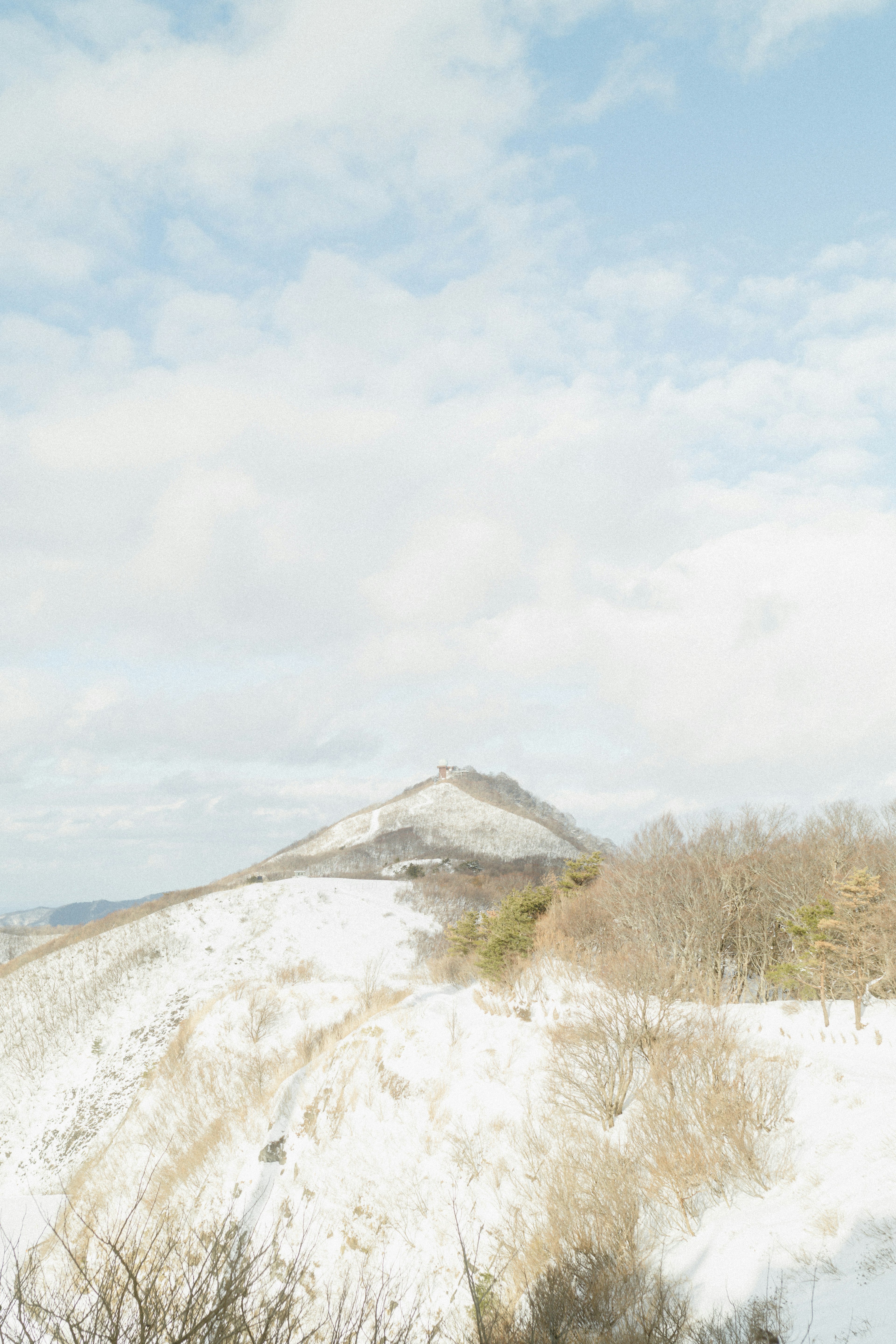 눈으로 덮인 산과 맑은 파란 하늘