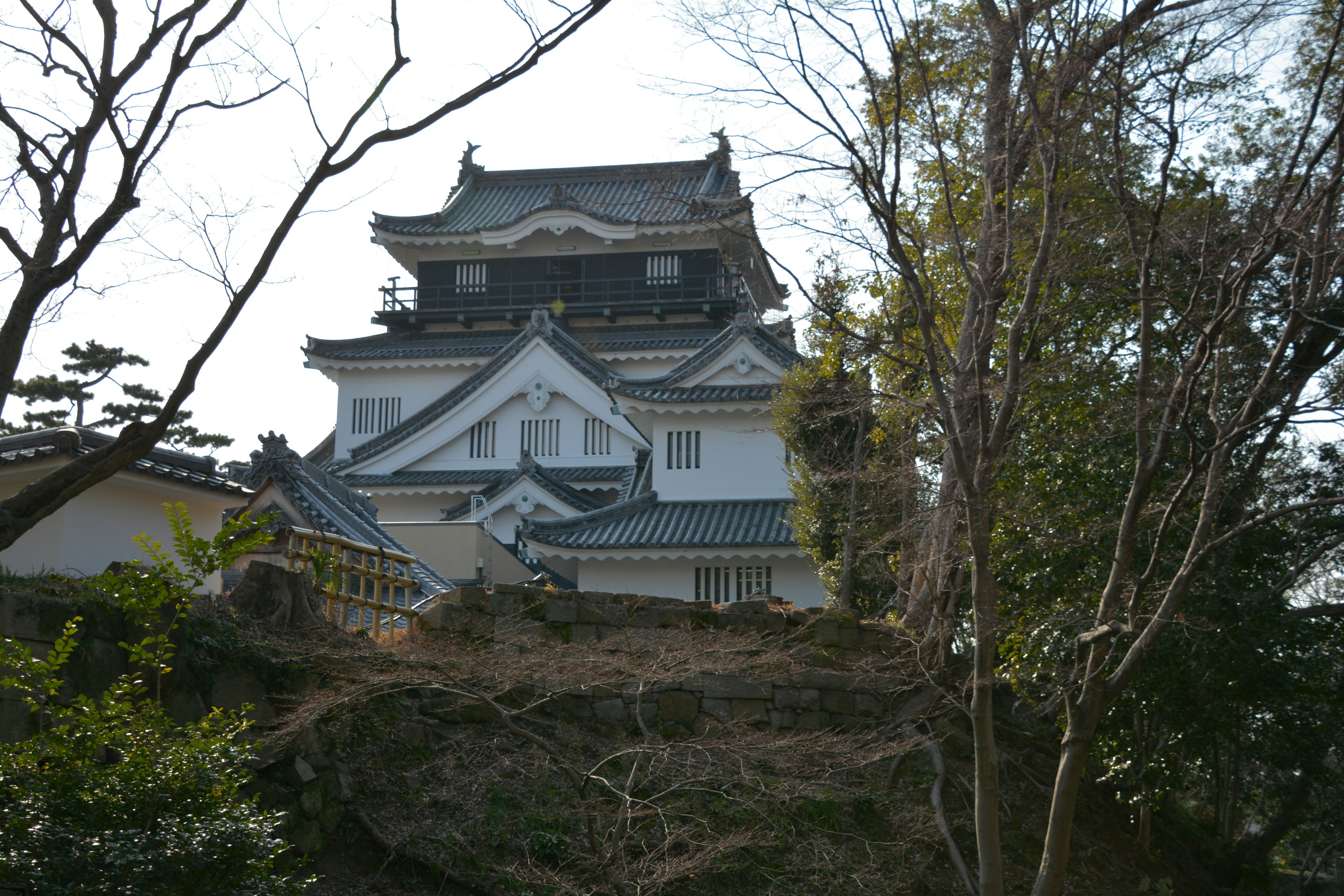 Malerscher Blick auf ein japanisches Schloss mit weißen Wänden umgeben von Grün