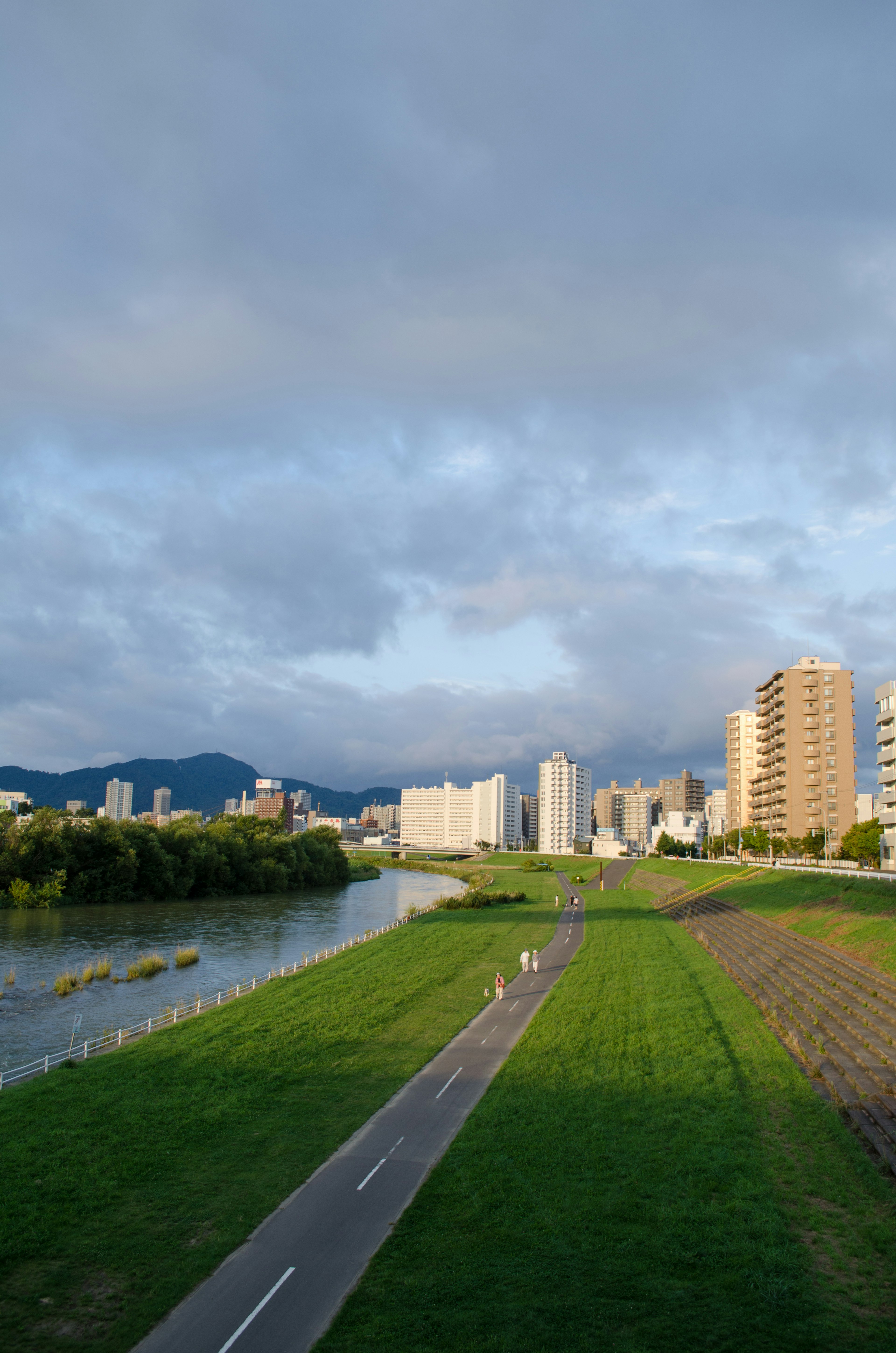 Vue panoramique d'un espace vert au bord de la rivière avec des immeubles et un ciel nuageux