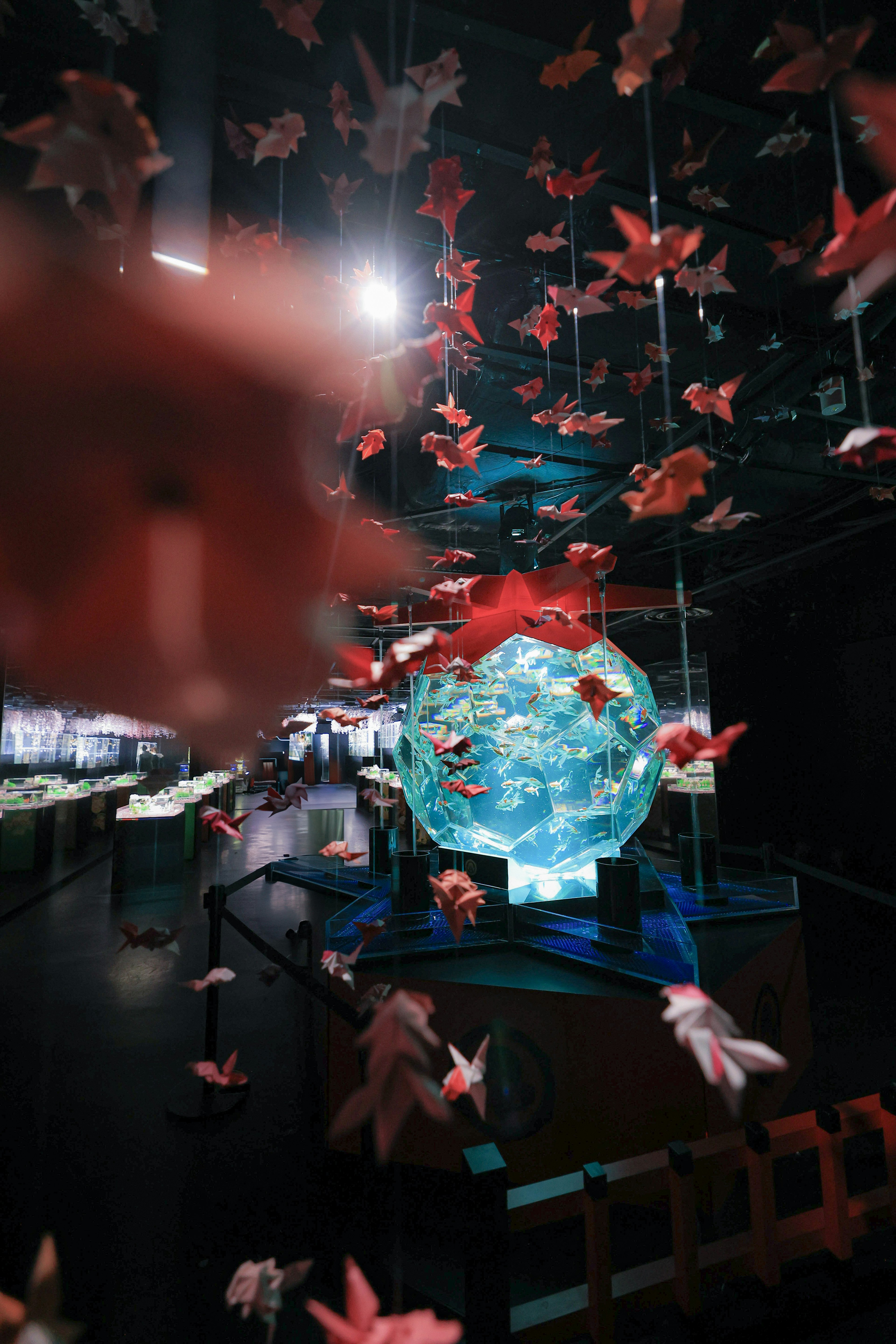 Una exposición interior oscura con una esfera azul rodeada de pétalos rojos flotantes