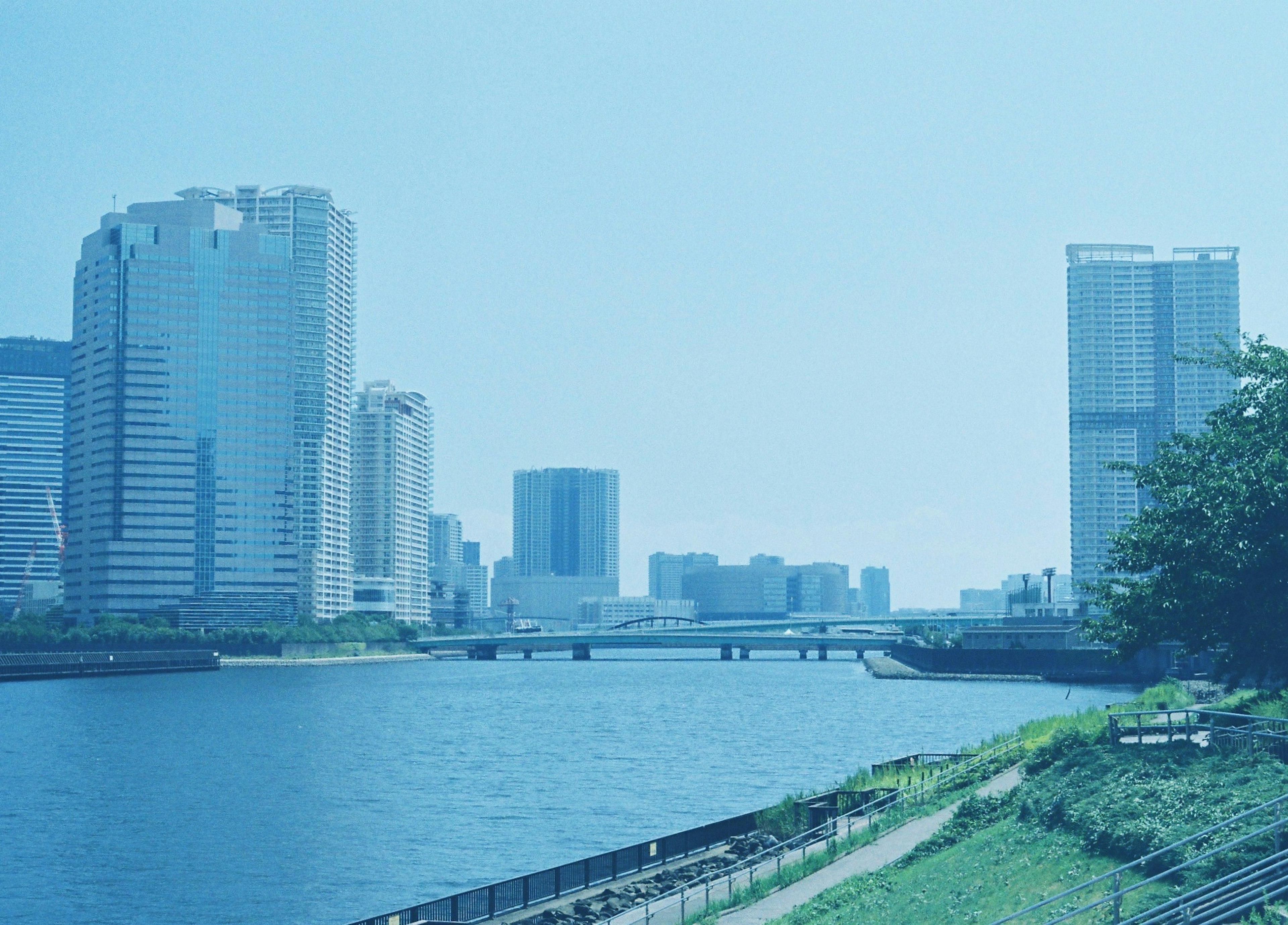 青い川と高層ビルが並ぶ都市の風景