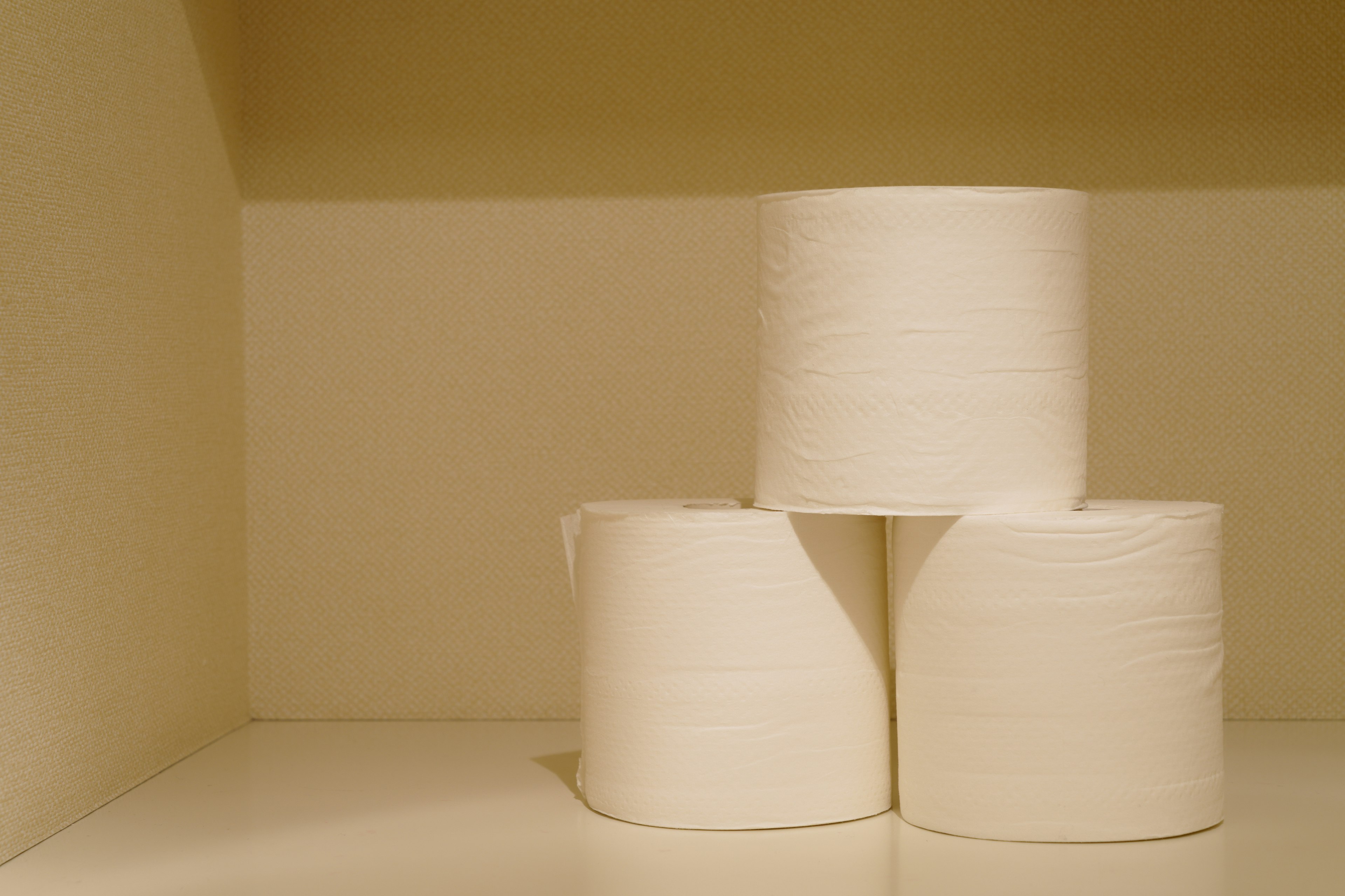 Three rolls of white toilet paper stacked on a shelf