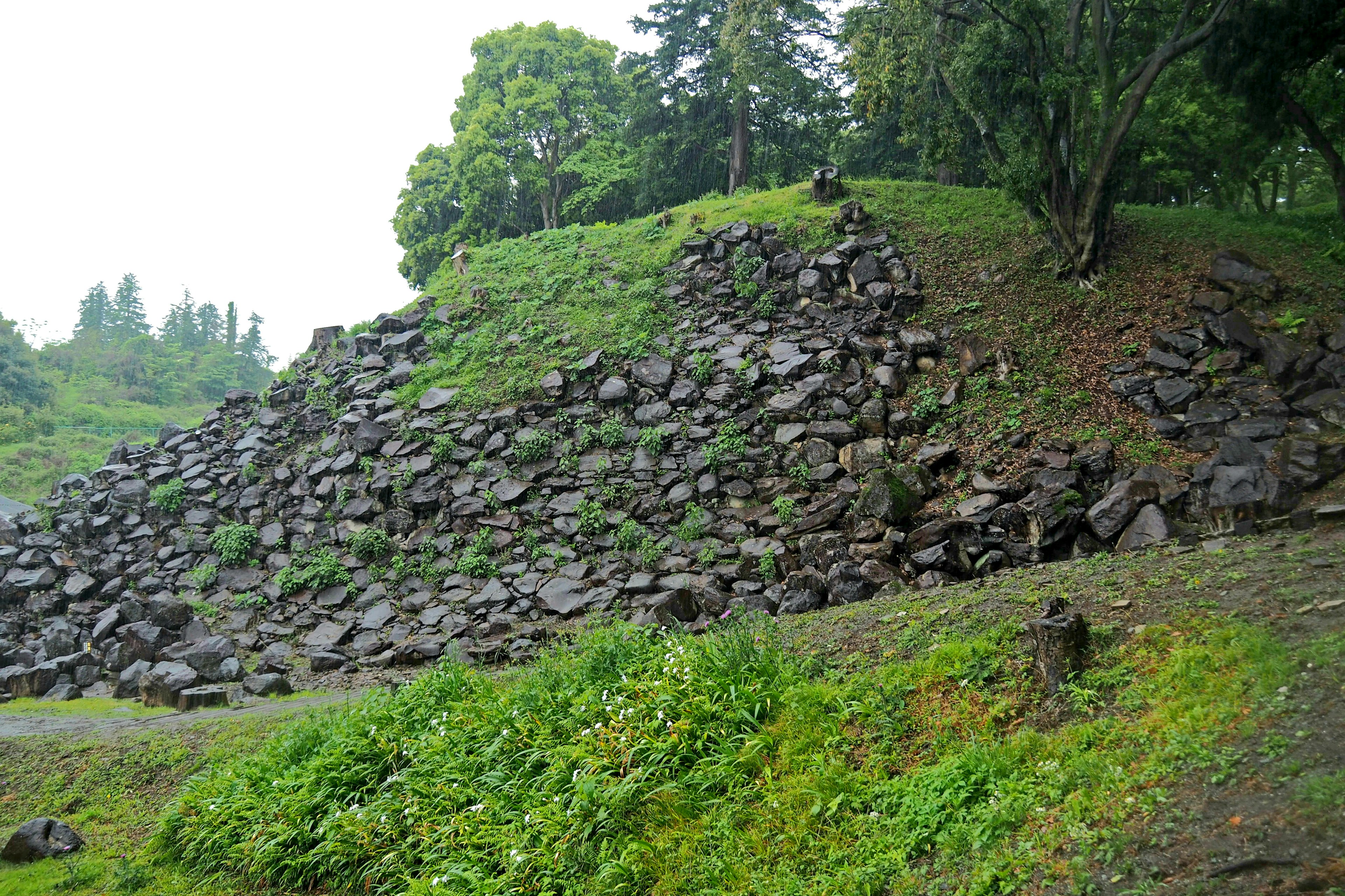 Tumpukan batu di atas bukit hijau dikelilingi vegetasi subur