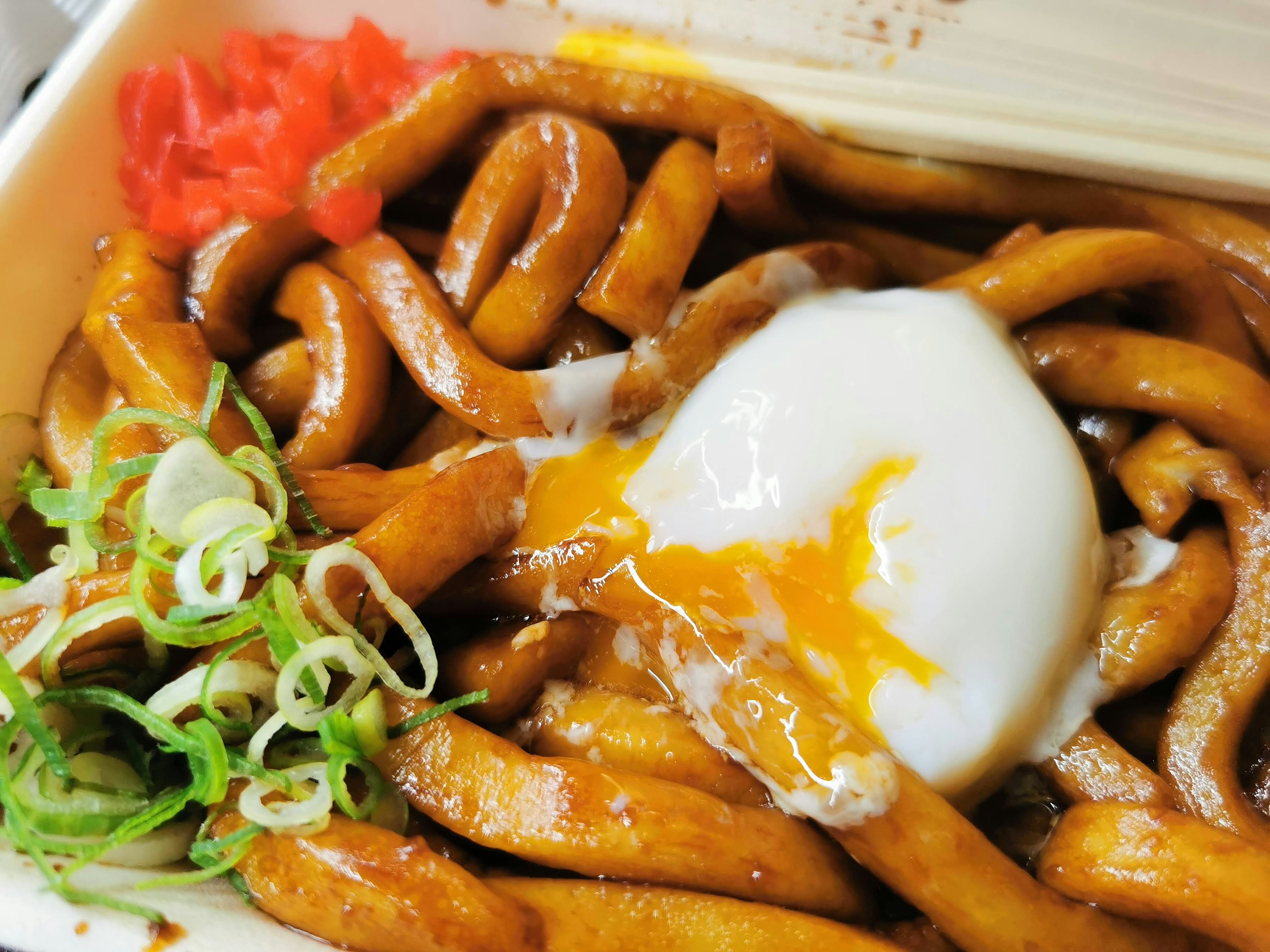 Bowl of udon noodles topped with soft-boiled egg and green onions