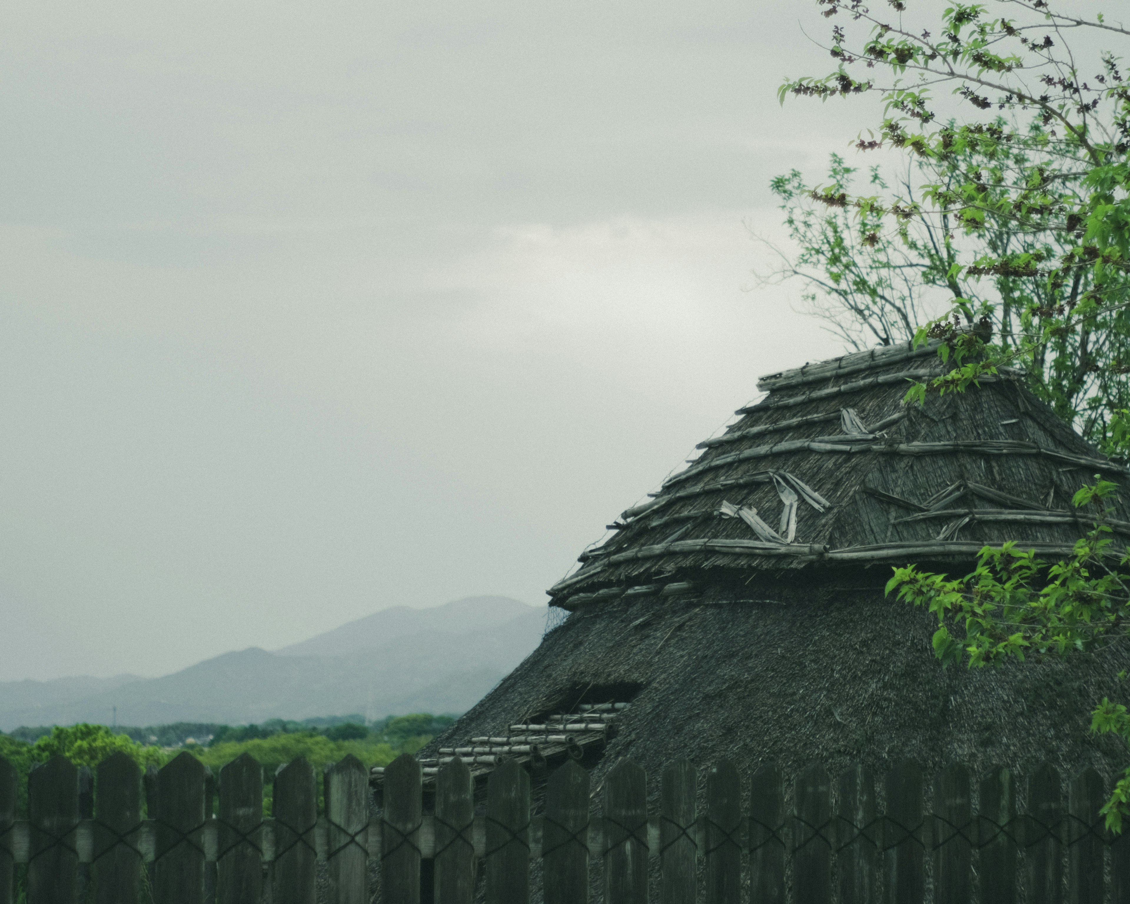 Old thatched roof house with mountains in the background