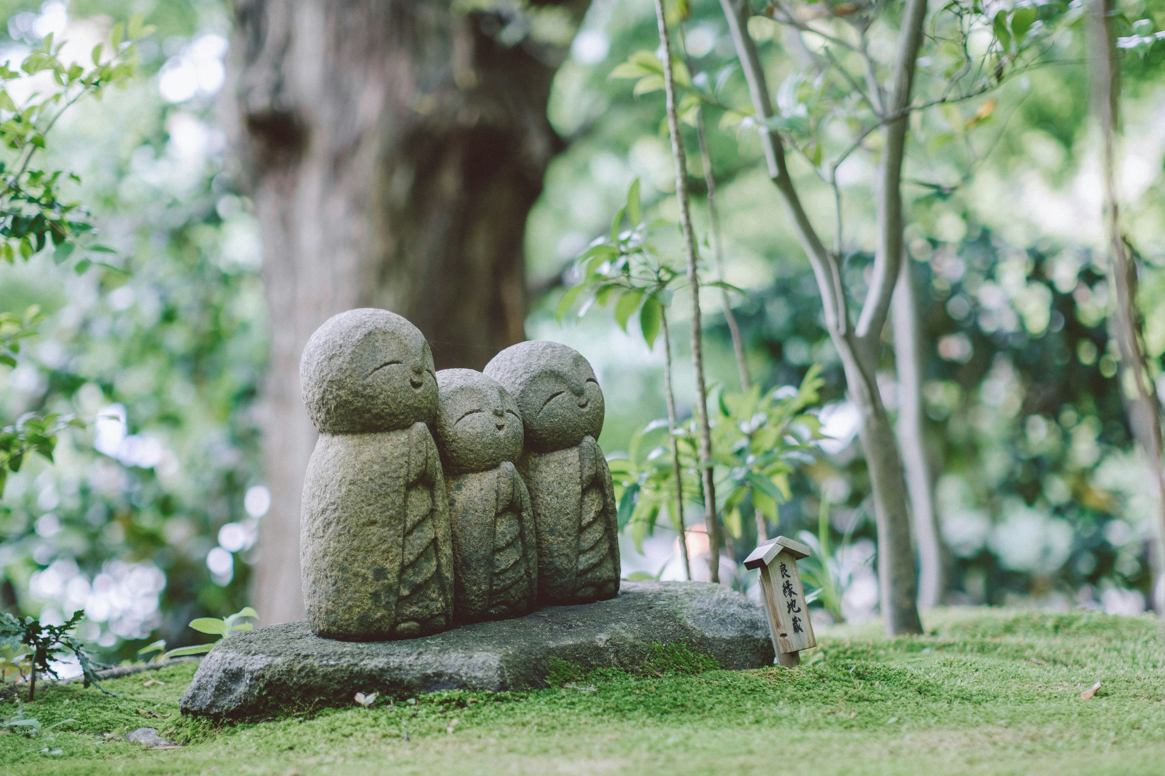 Grupo de esculturas de piedra en un jardín verde