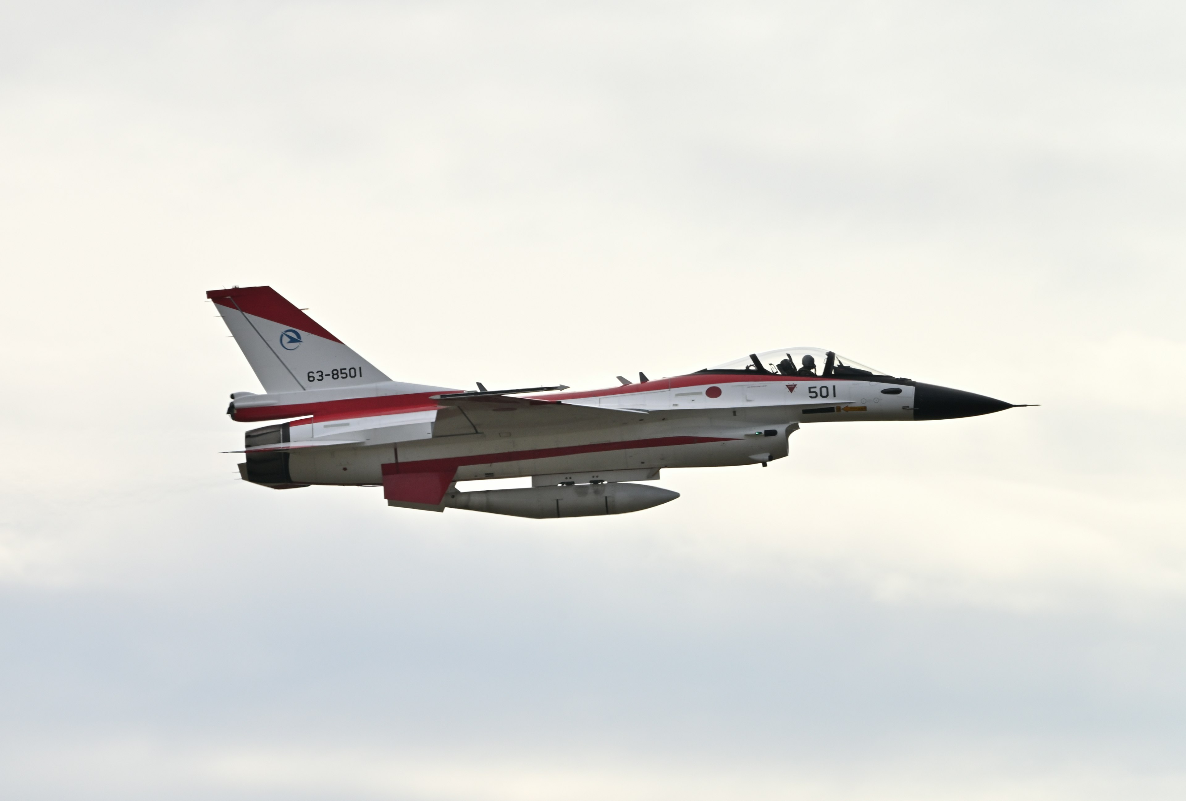 Un caza con pintura roja y blanca volando en el cielo