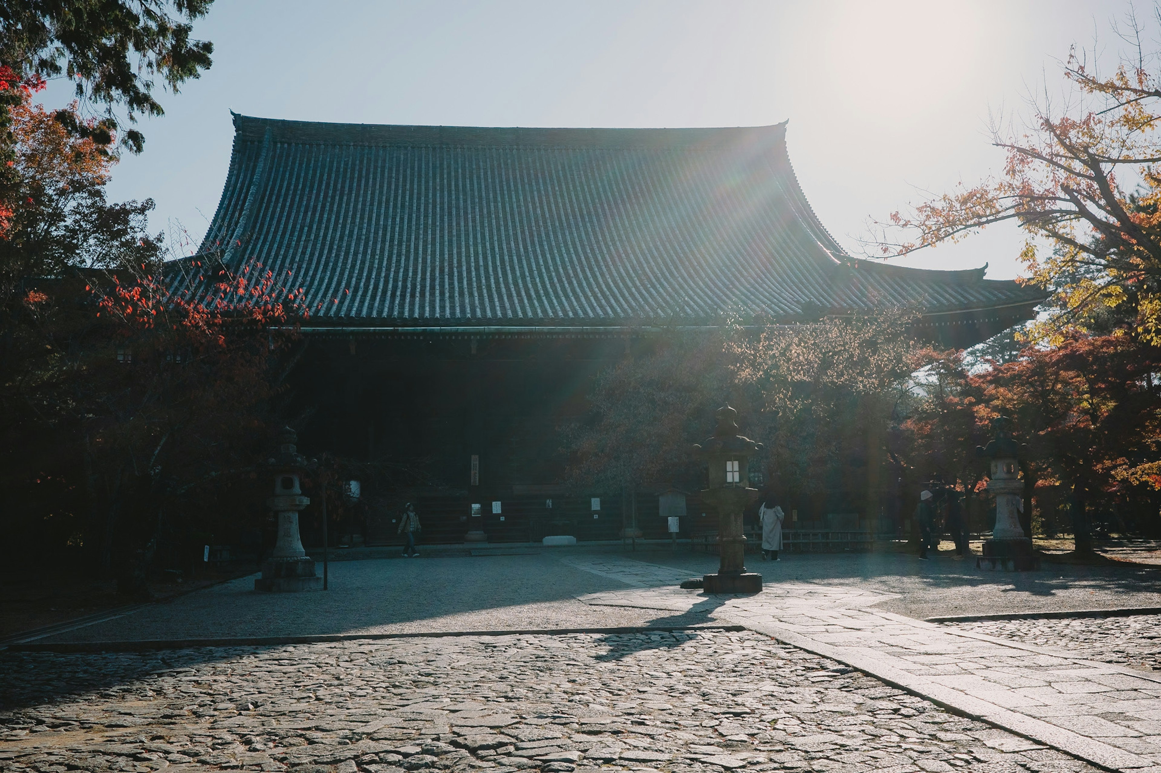 Schönes japanisches Tempelaus exterior mit herbstlichem Laub