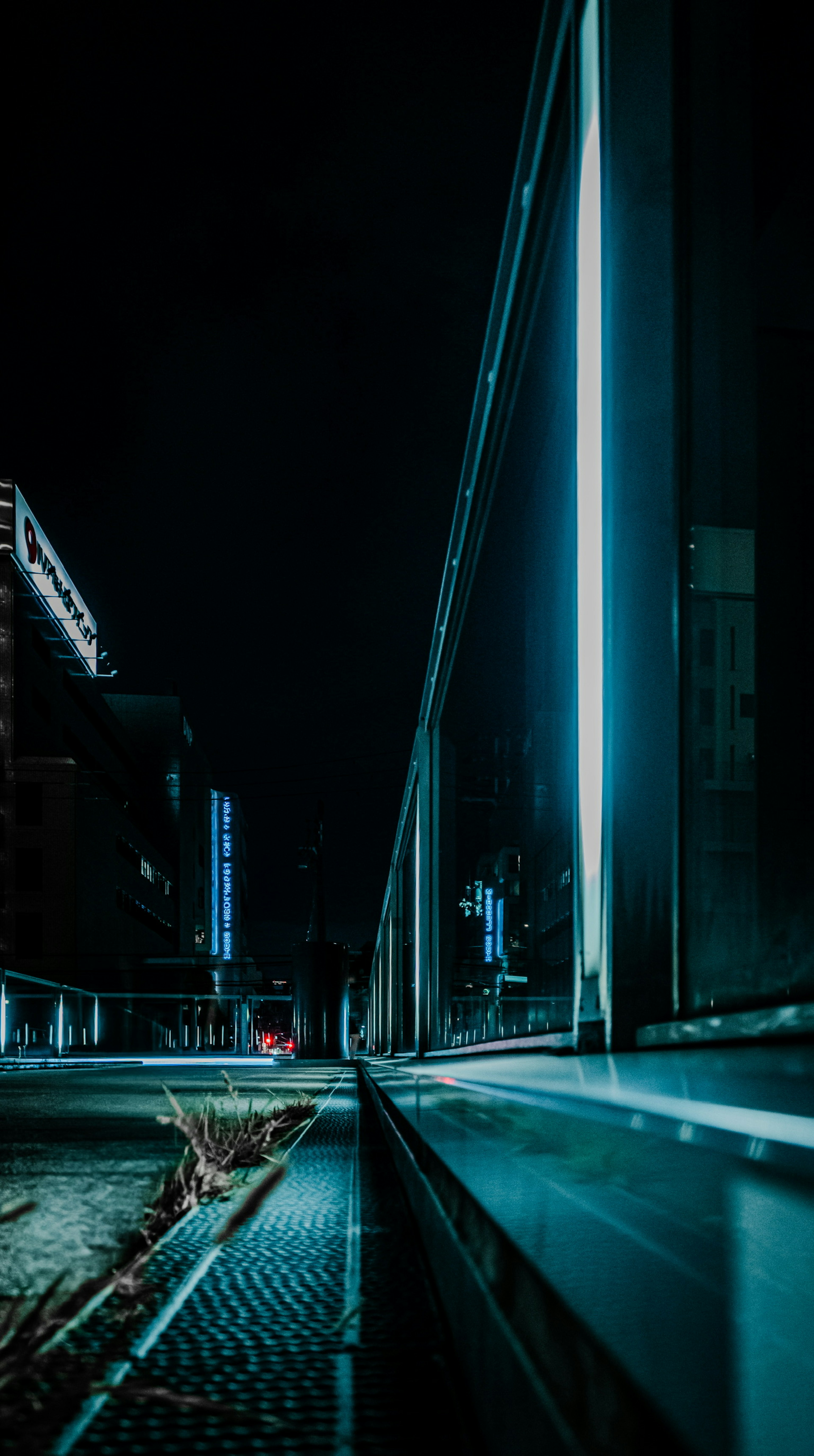 Scena notturna urbana con luce blu e muro di edificio