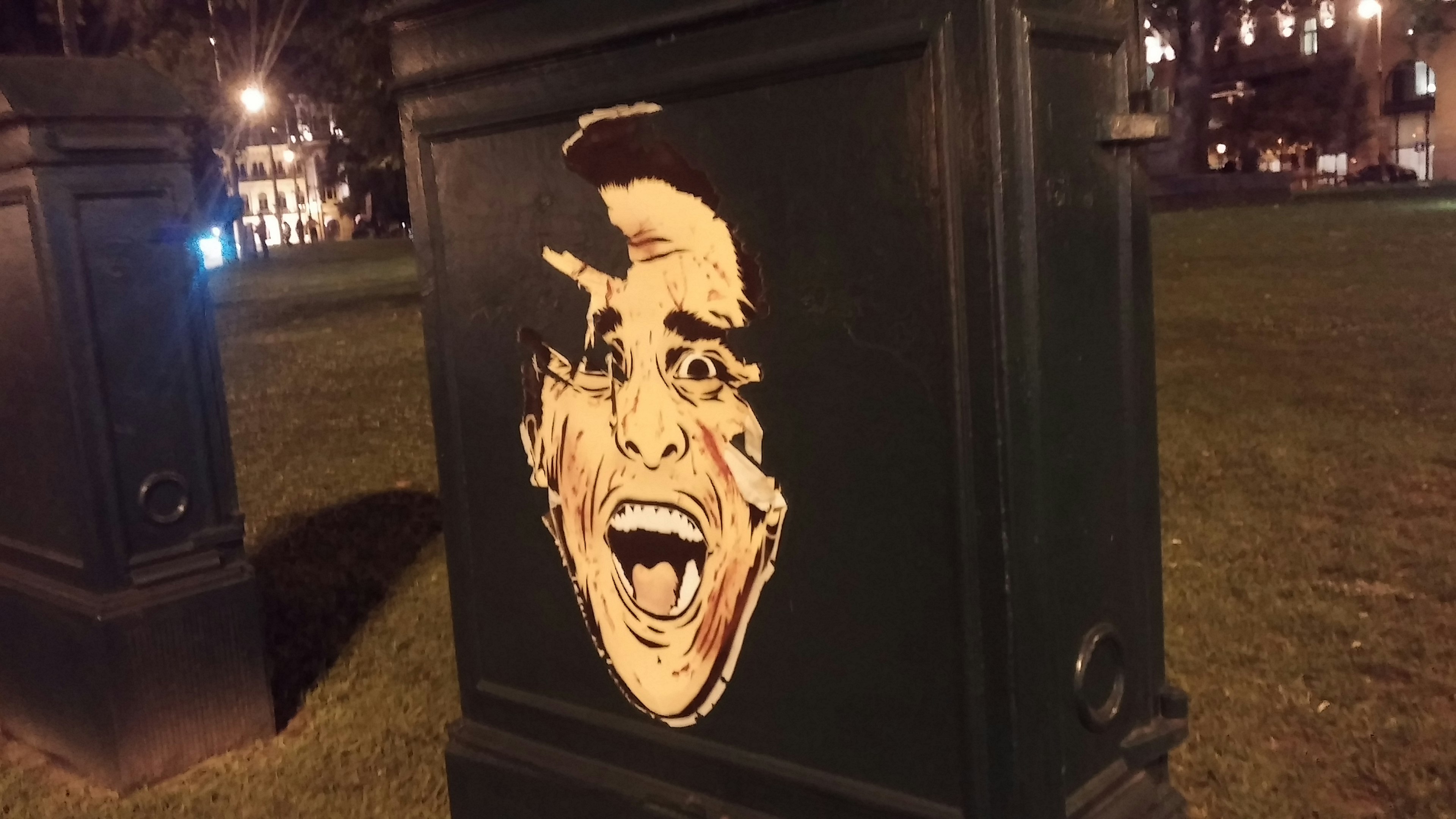 Una cara sorprendida pintada en un bote de basura verde en un parque