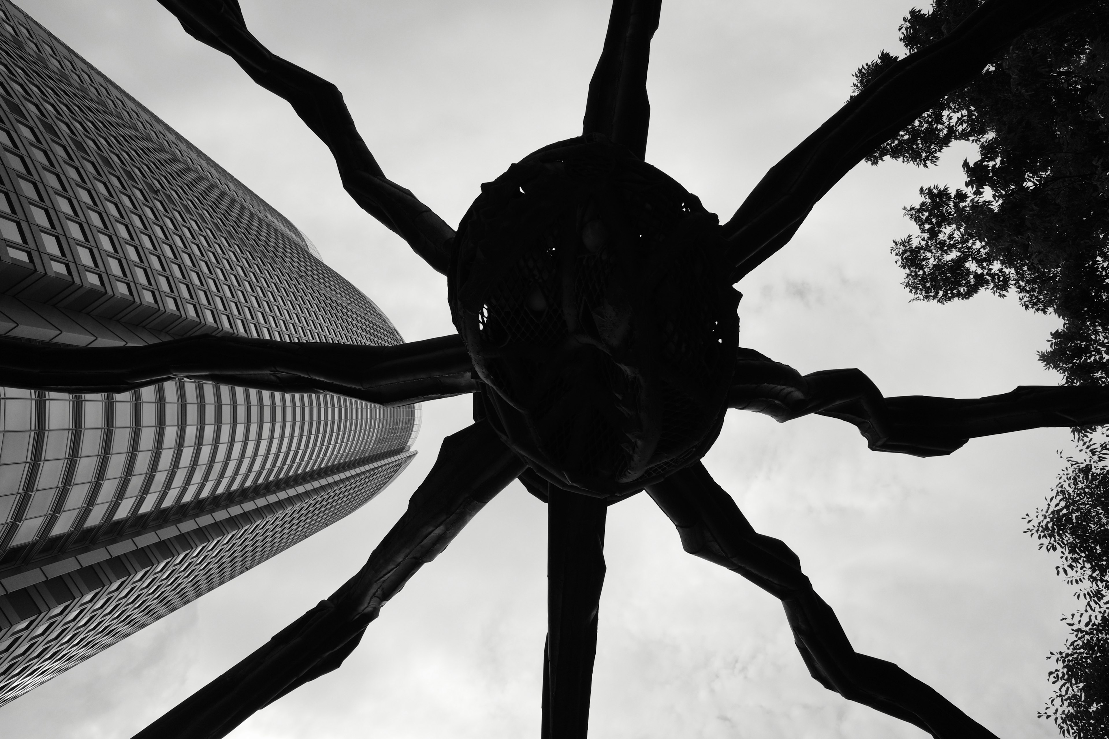 Blick nach oben auf eine große schwarze Spinnen-Skulptur und ein Hochhaus