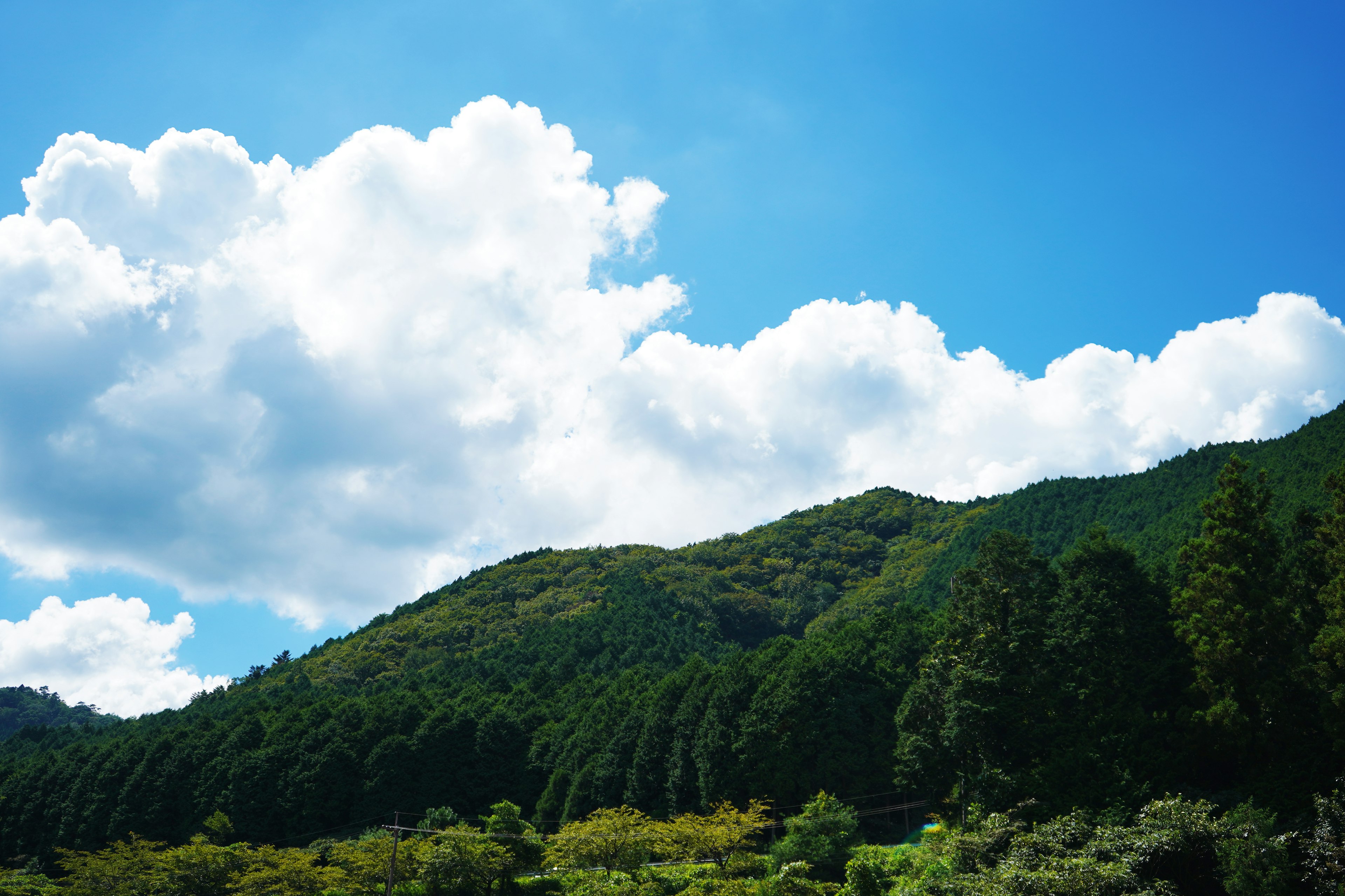 Vista panoramica di montagne verdi lussureggianti sotto un cielo blu con nuvole bianche