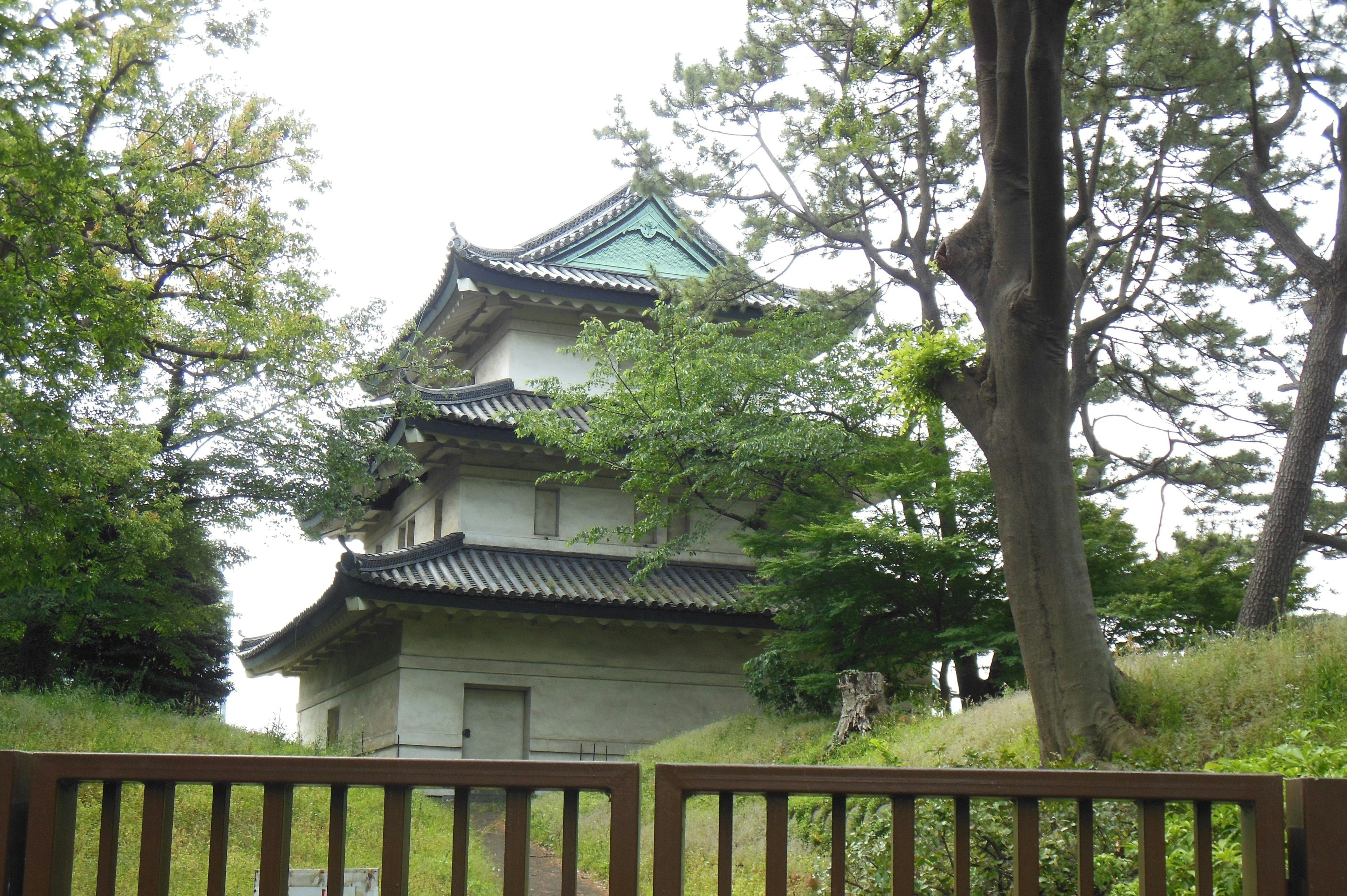 緑の木々に囲まれた伝統的な日本の建物