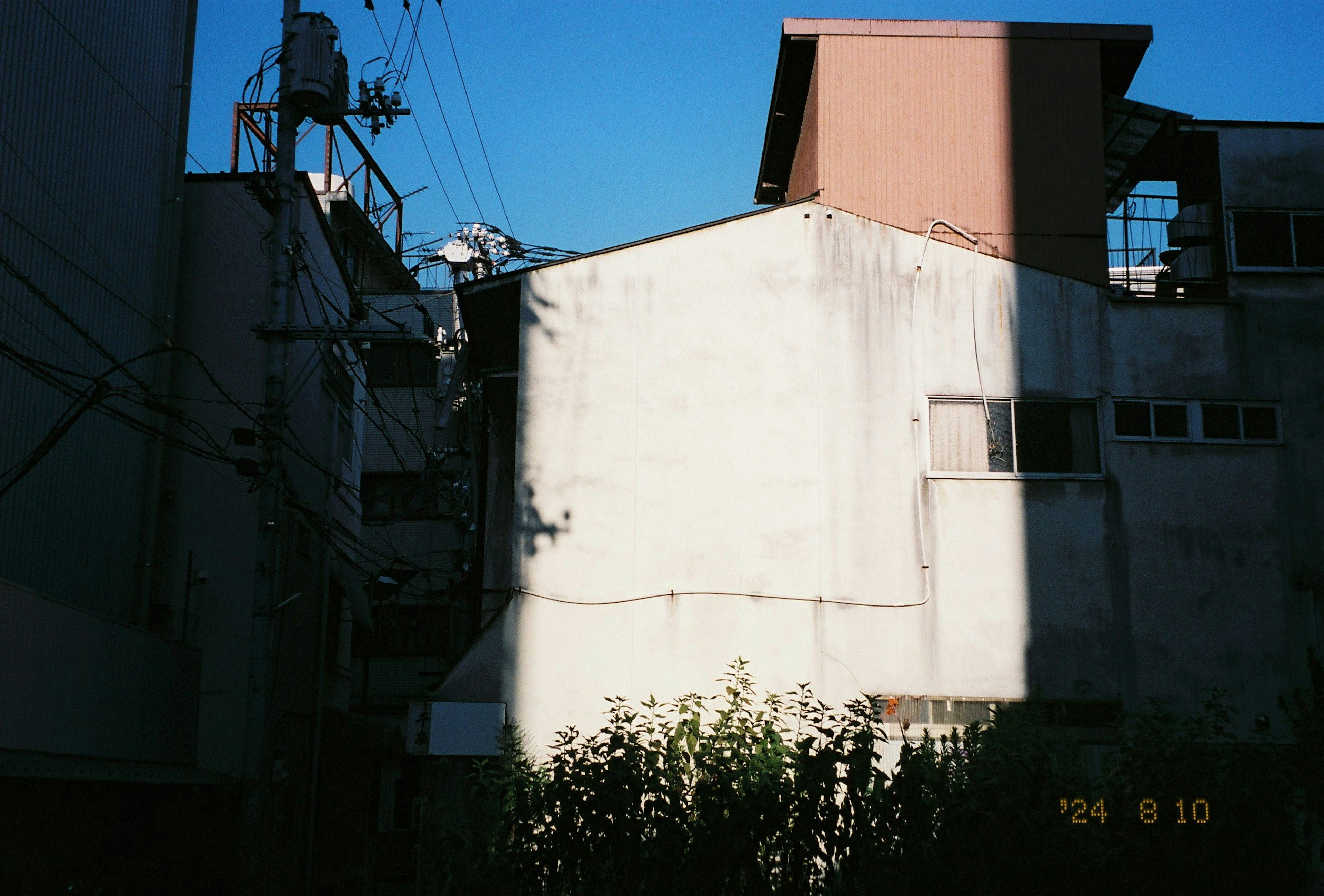 Vista parziale di un muro di un vecchio edificio sotto un cielo blu con piante in ombra