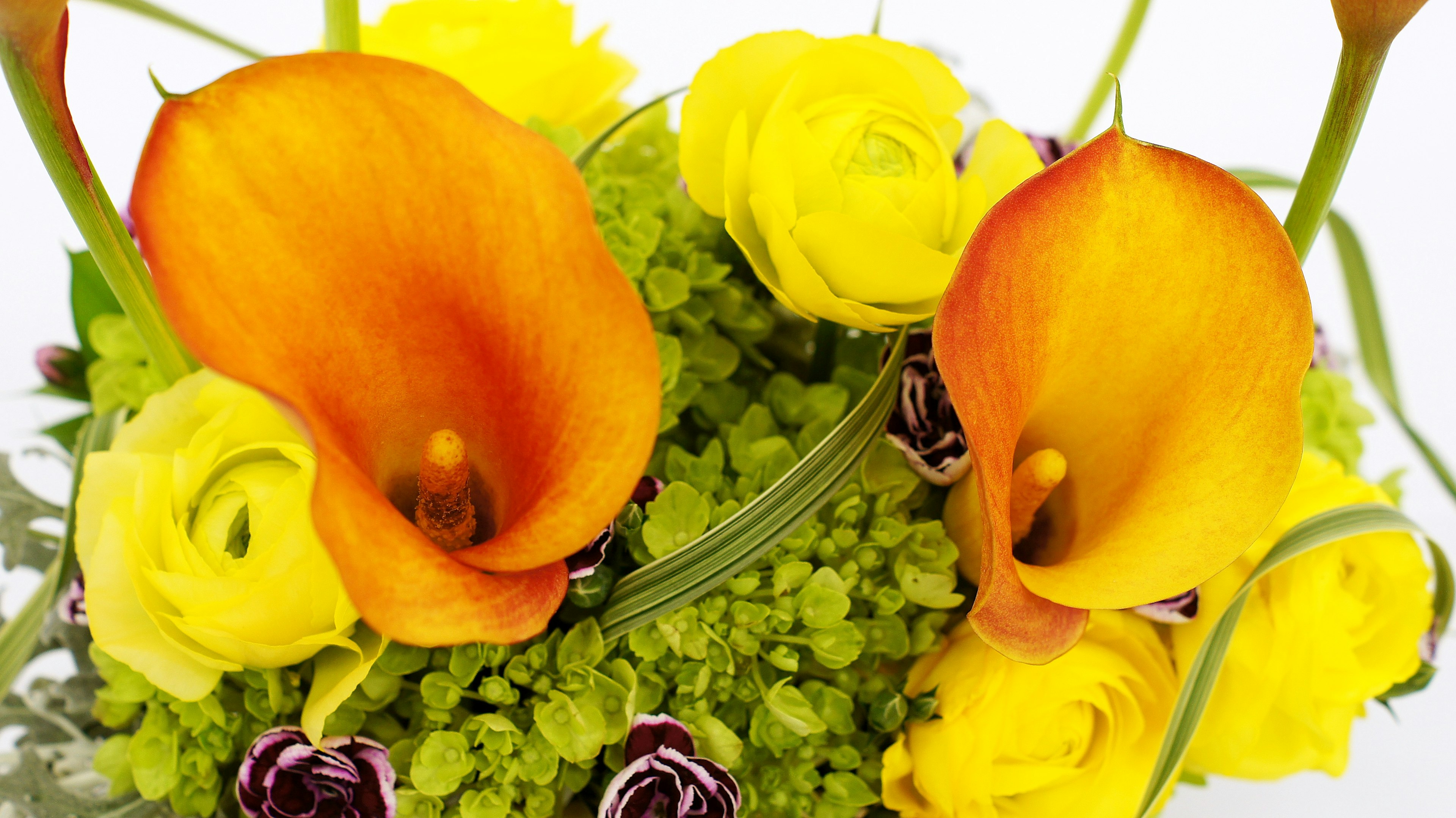 Bouquet vibrant avec des callas orange et des roses jaunes