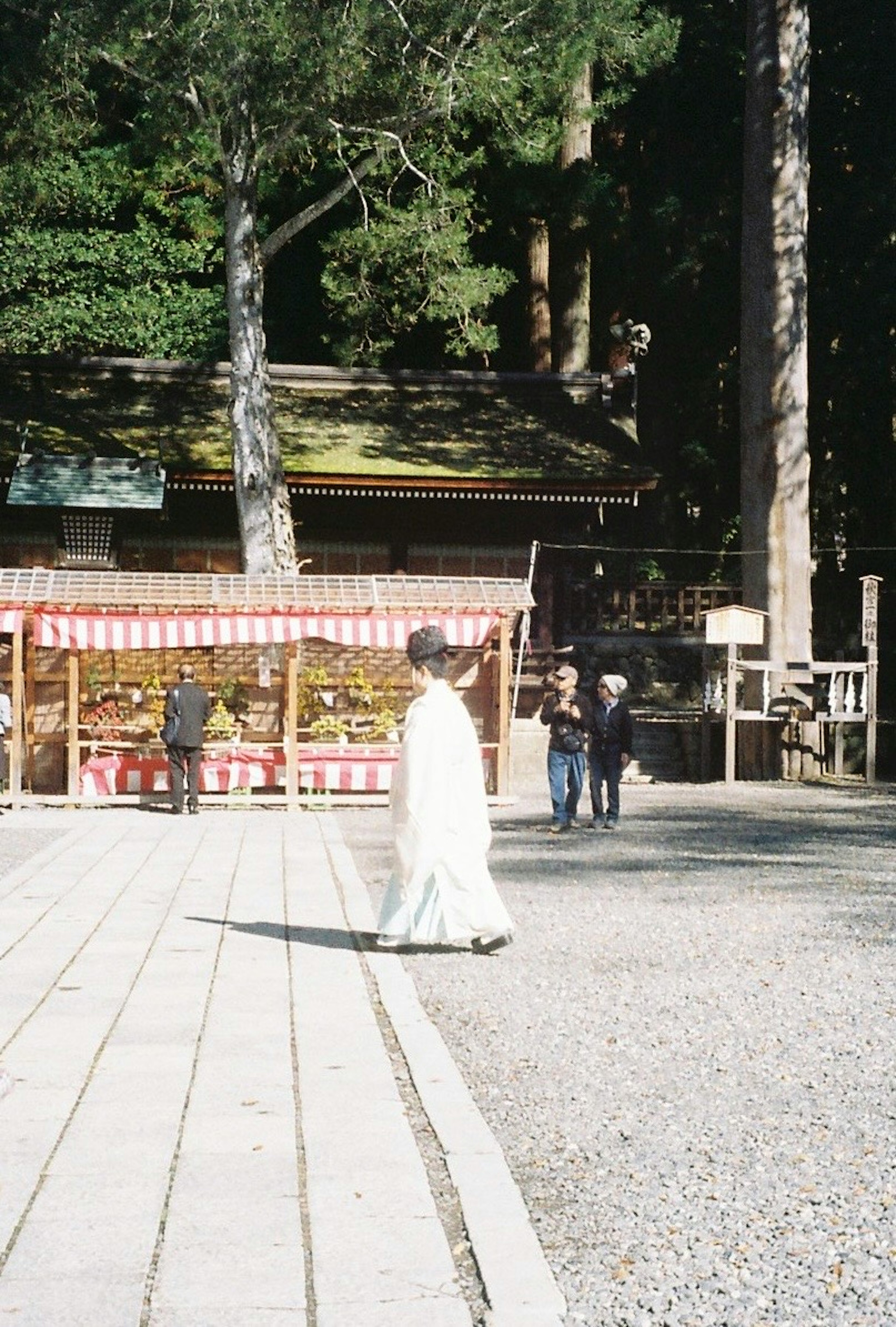 一位穿着白色服装的女性在神社前走，背景是食品摊位