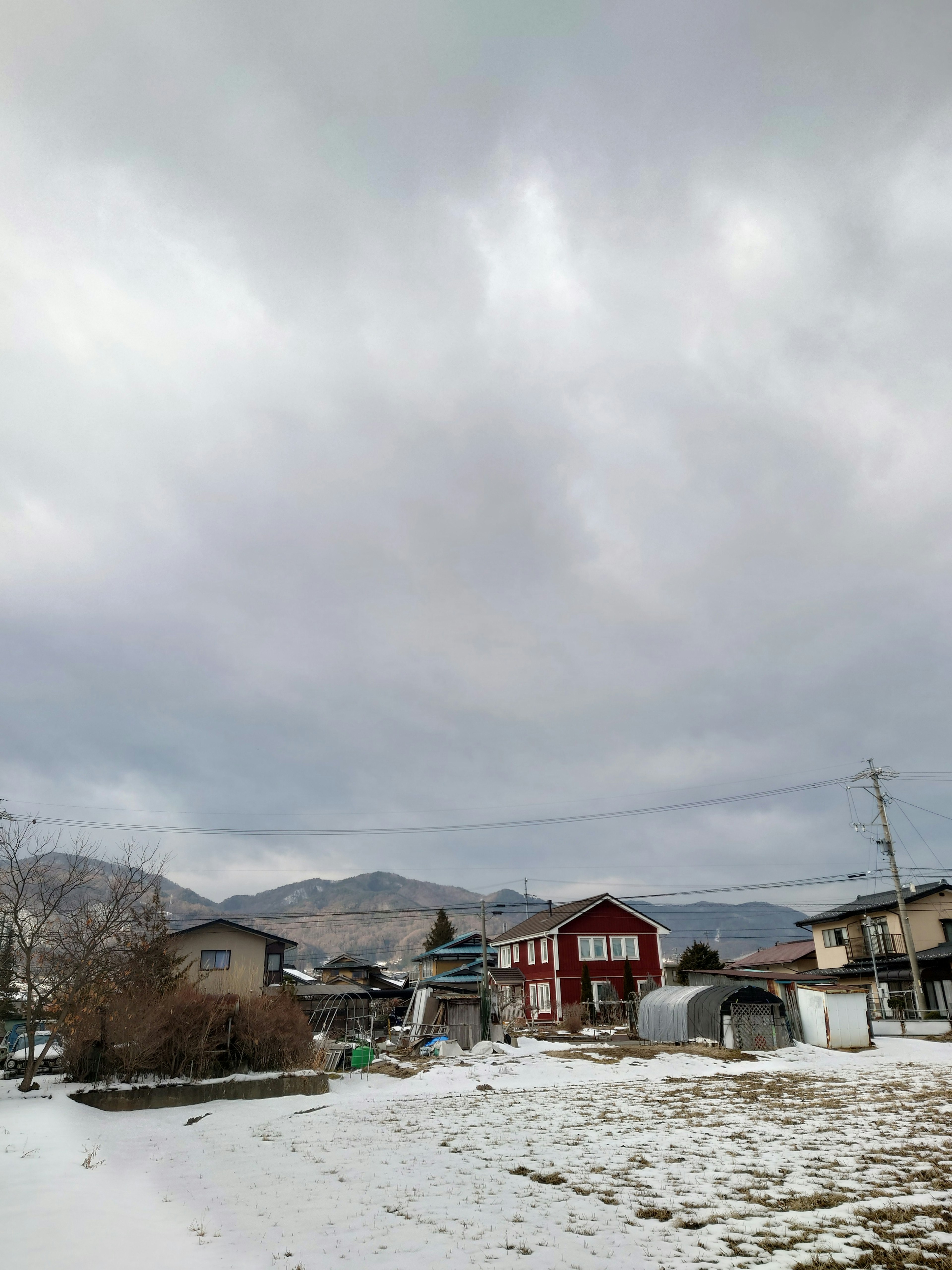 Area residenziale sotto un cielo nuvoloso con terreno coperto di neve