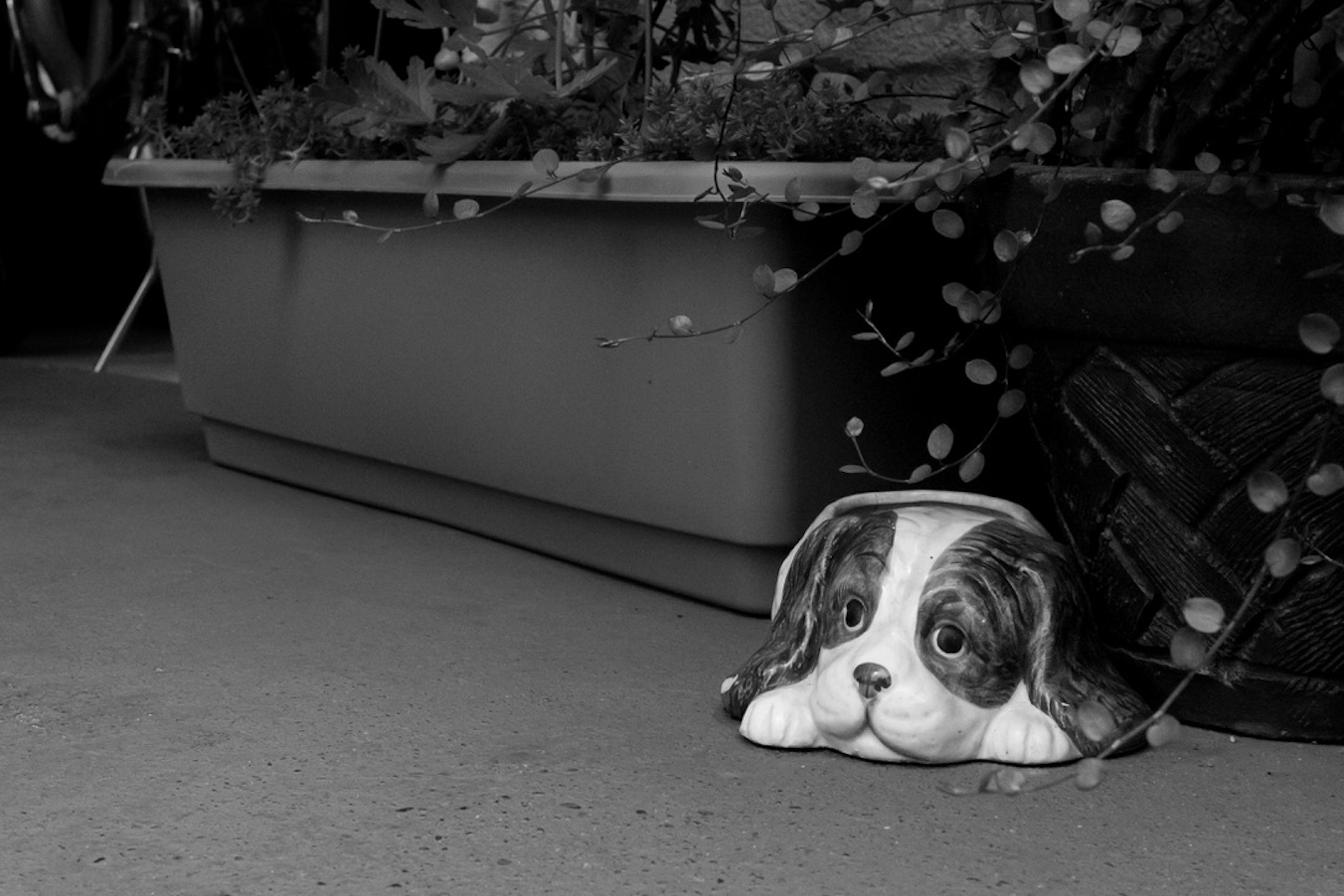 Una figura de perro blanco y negro descansando cerca de una maceta