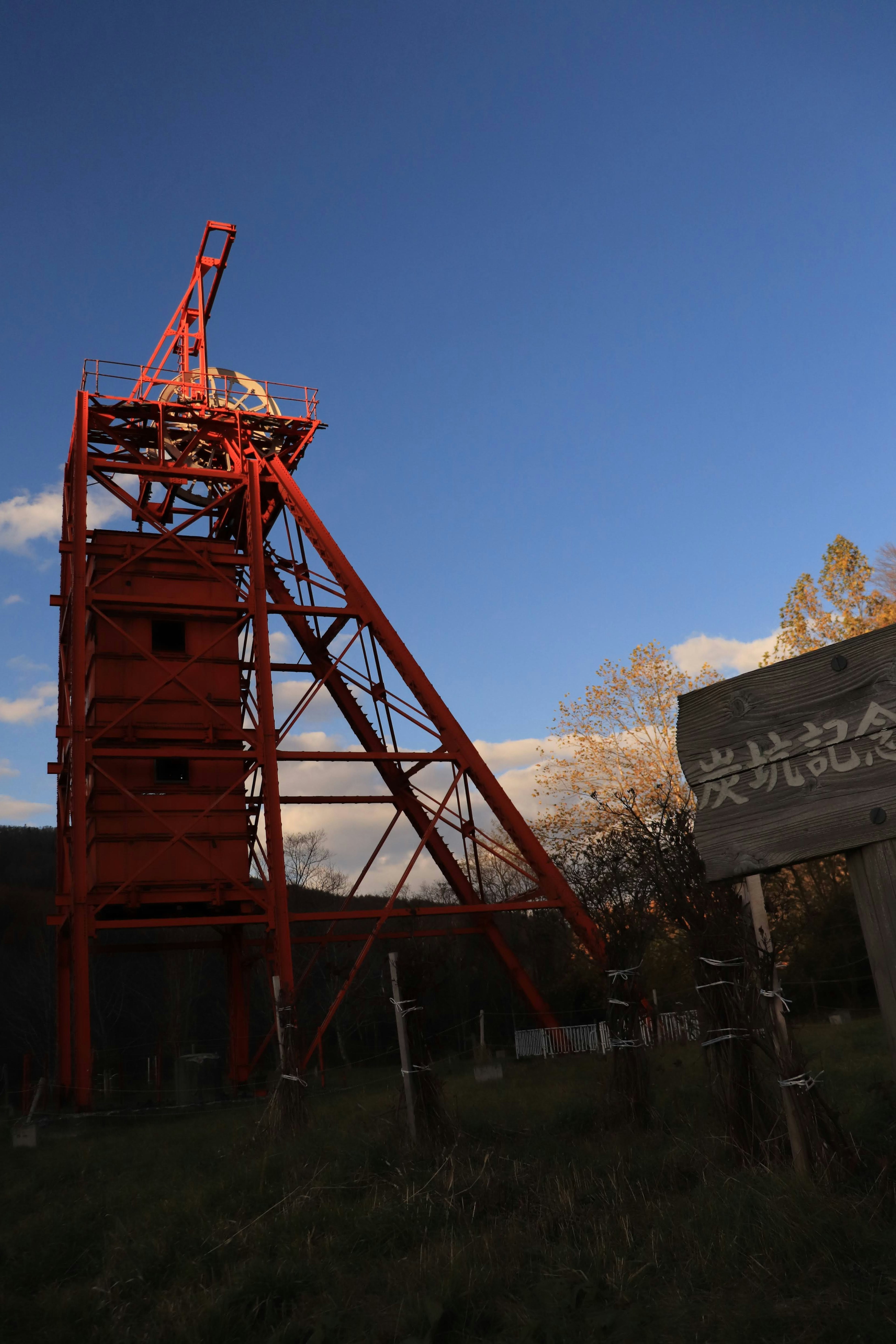 Red crane against a blue sky