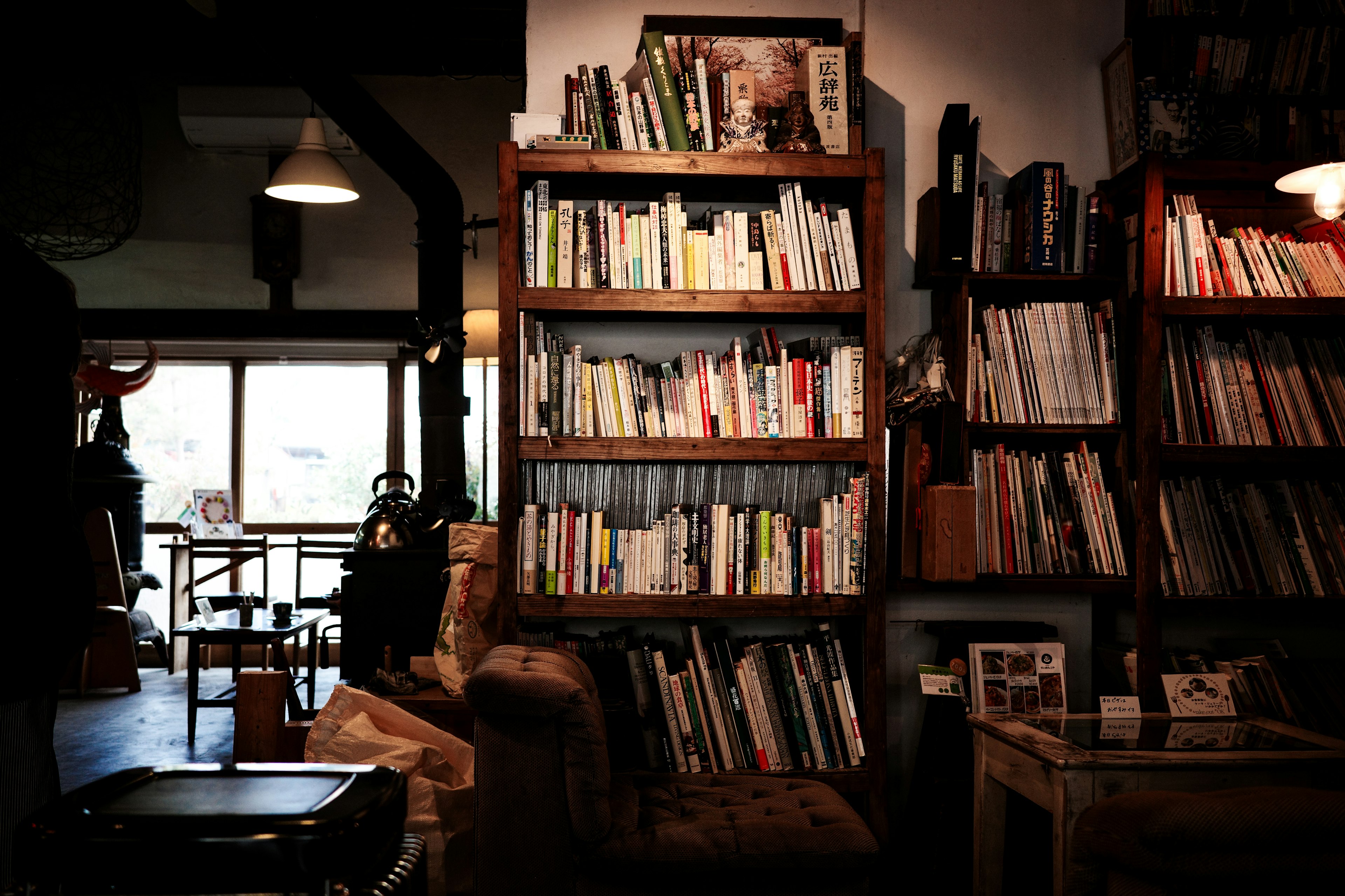 Cozy interior of a cafe featuring bookshelves and a sofa