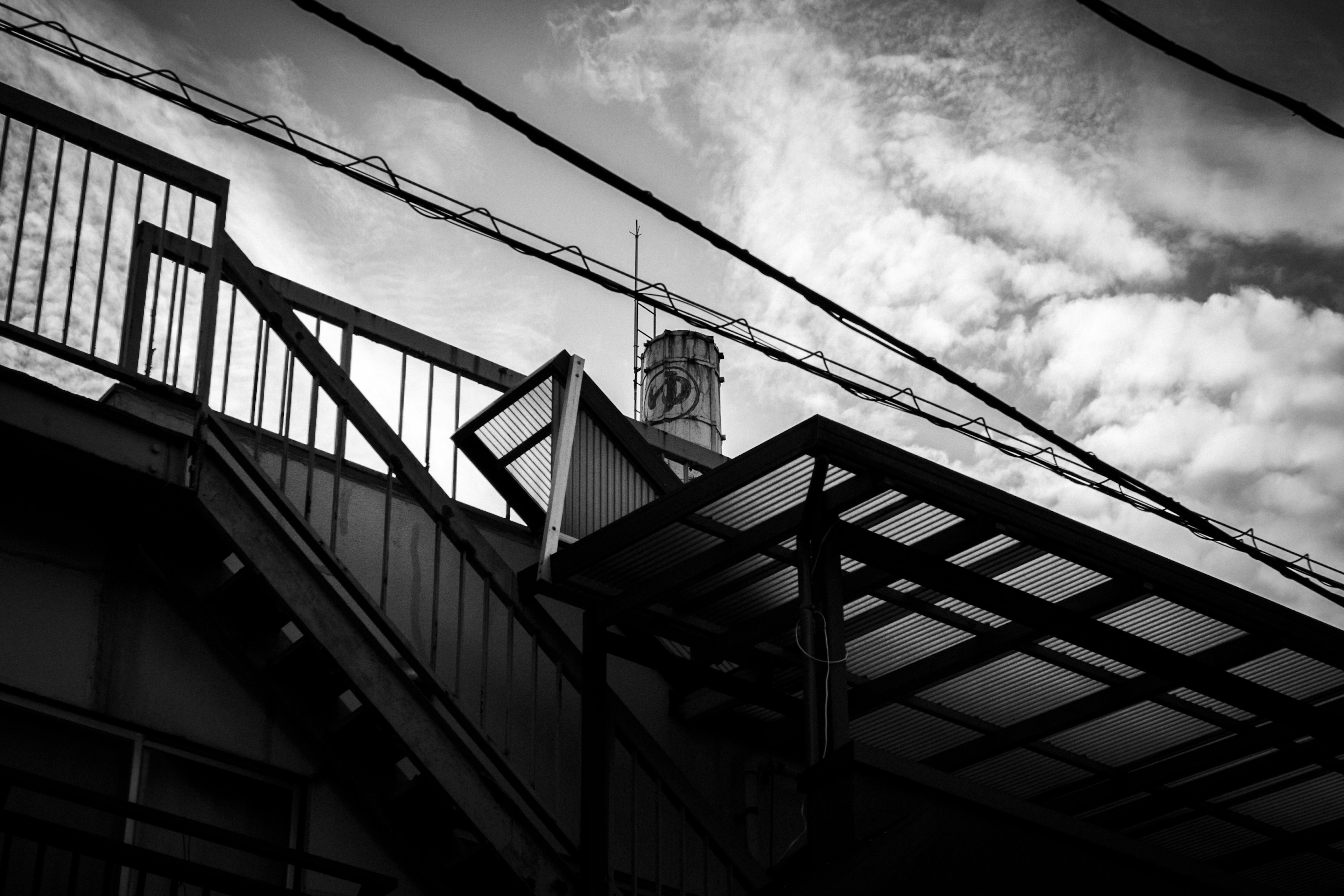 Black and white image showcasing a staircase and roof structure