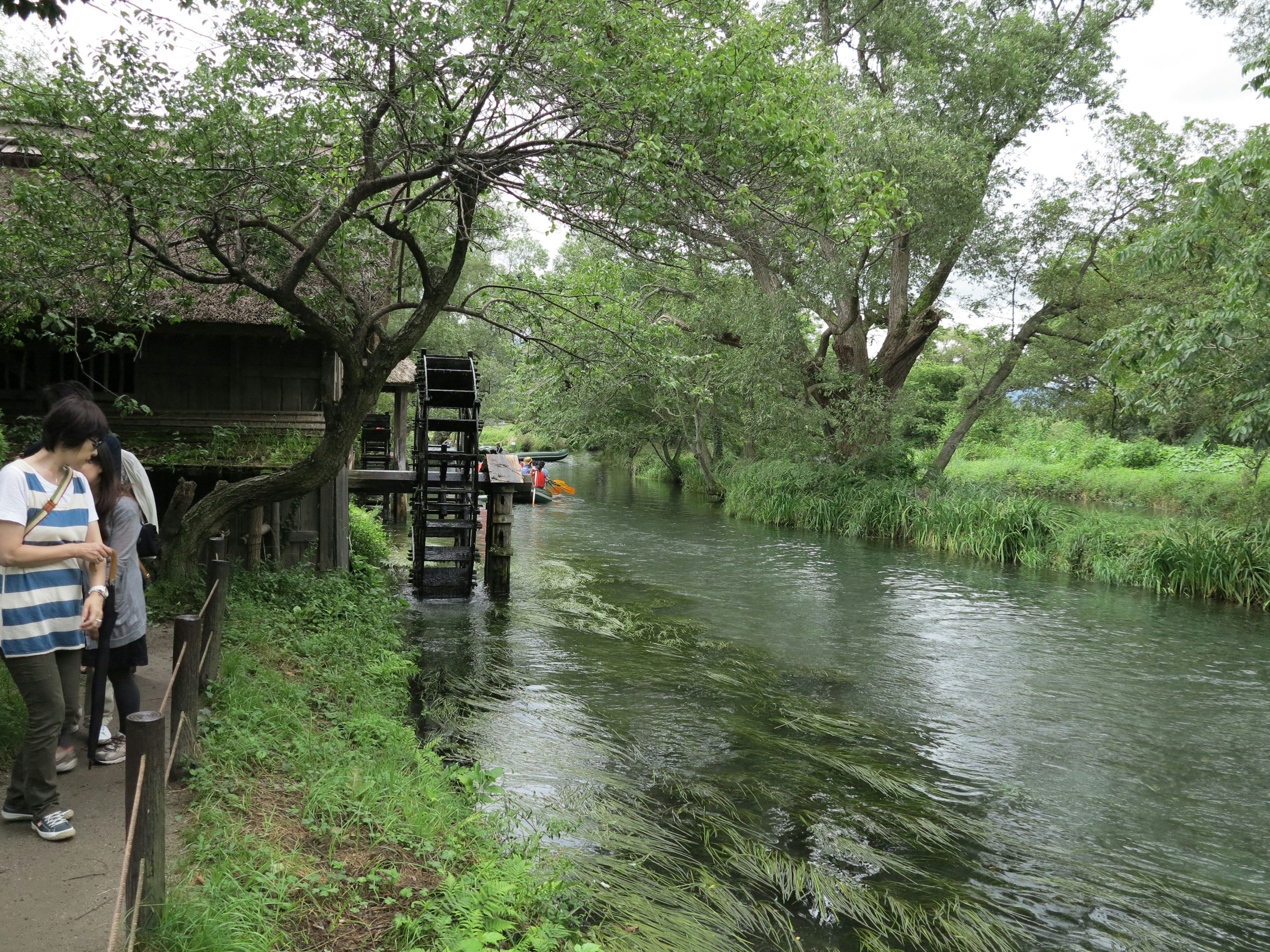 Personas caminando a lo largo de un paisaje fluvial sereno árboles frondosos y flujo de agua tranquilo