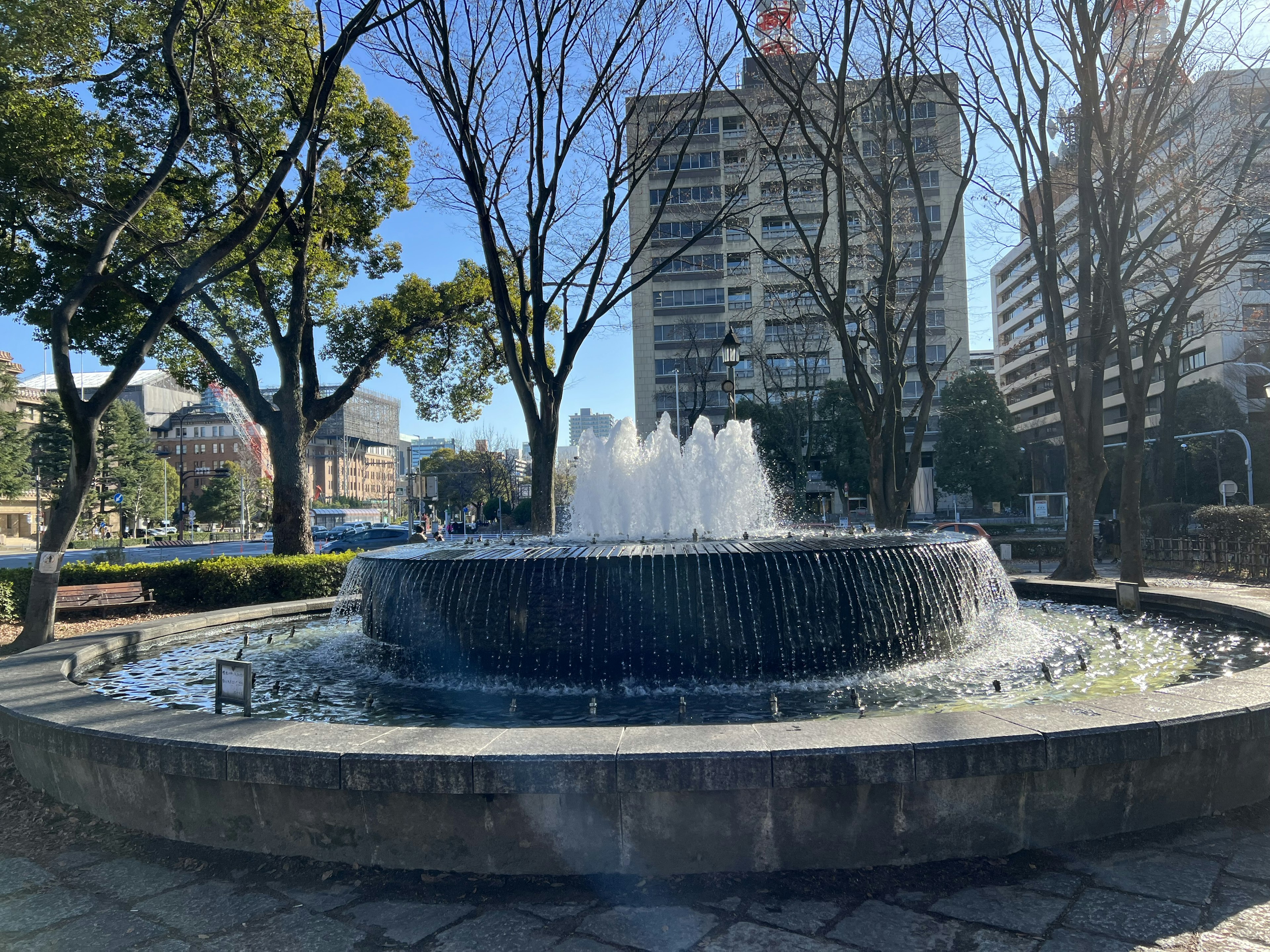 Fontaine dans un parc entourée d'arbres et de bâtiments