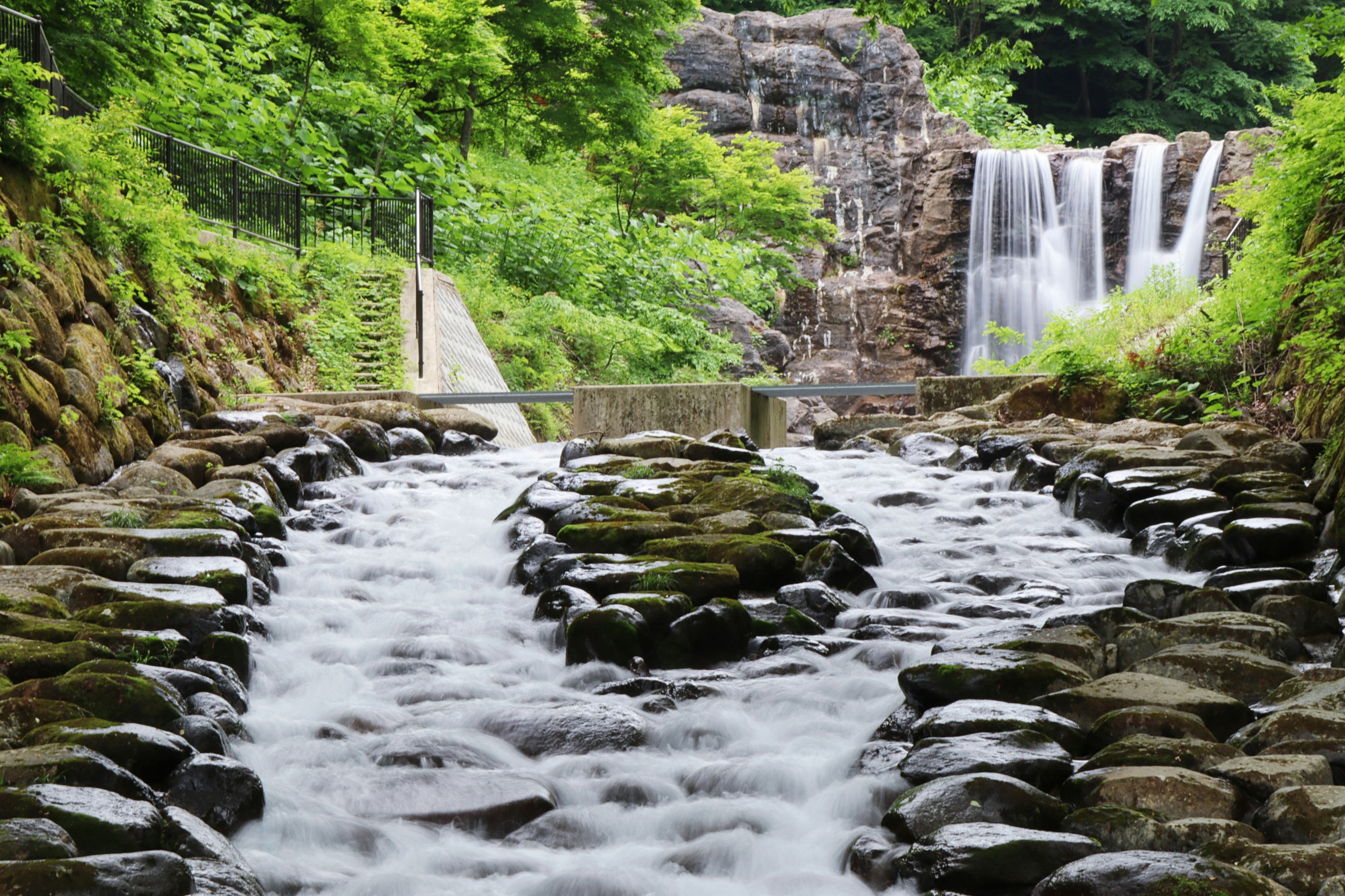 Vista panoramica di una cascata e di un ruscello circondati da vegetazione Sentiero di pietra lungo il corso d'acqua